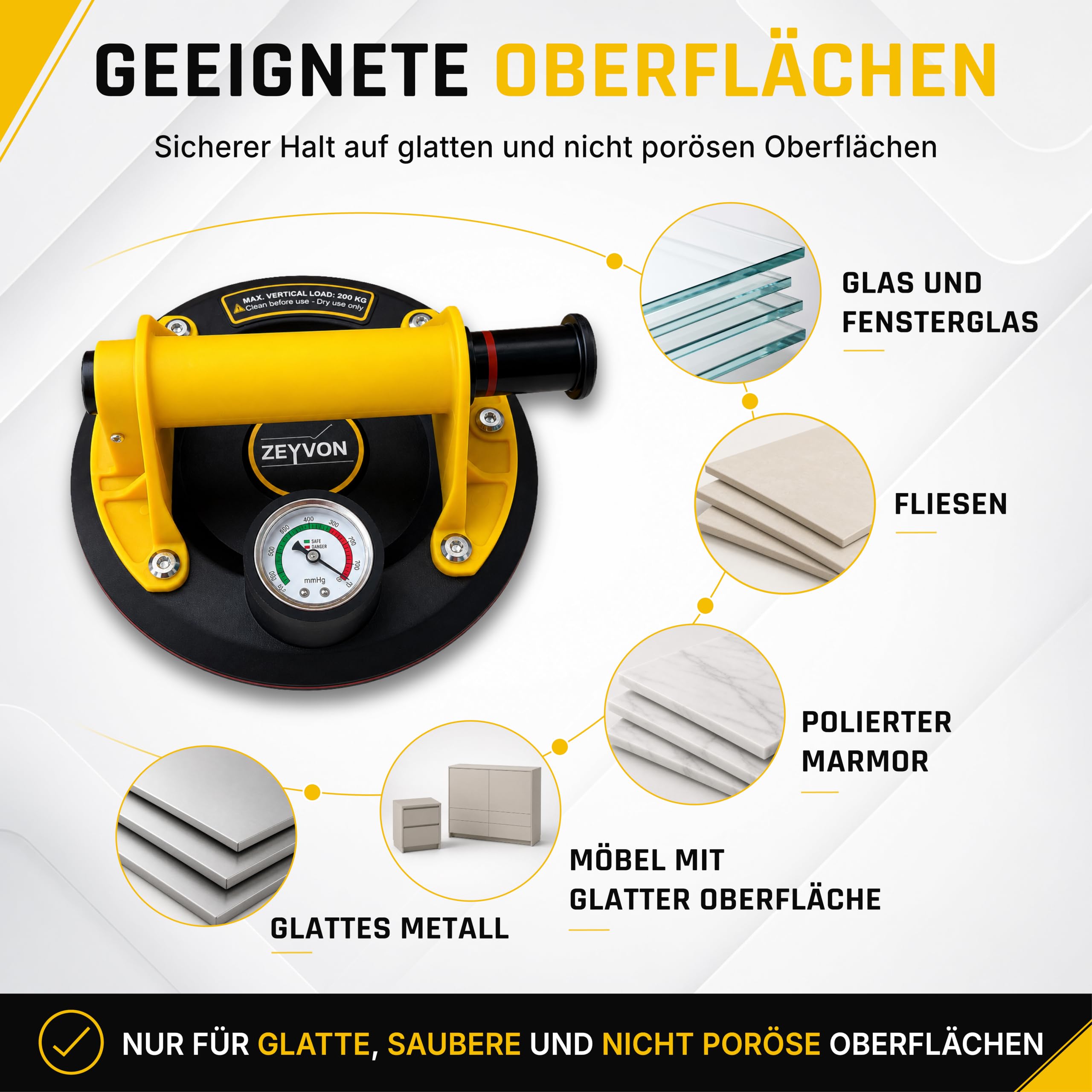 2er Set Vakuum-Saugheber 200 mm mit Manometer – 200 kg je Saugheber – Professioneller Glassauger & Fliesenheber mit Koffer und Zubehör – für Glas, Fliesen, Marmor und glatte Platten