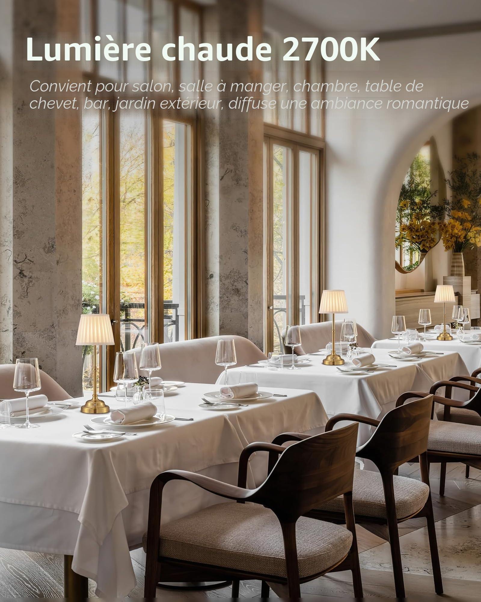 Lampe de table LED sans fil à intensité variable - Lampe de chevet rétro - Batterie - 4000 mAh - Convient pour l'intérieur, l'extérieur, le bar, le salon (abat-jour doré + beige)