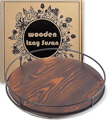 Plato giratorio Lazy Susan de madera de 12 pulgadas para mesa, organizador de mesa giratoria marrón rústico con marco de acero, 360 grados
