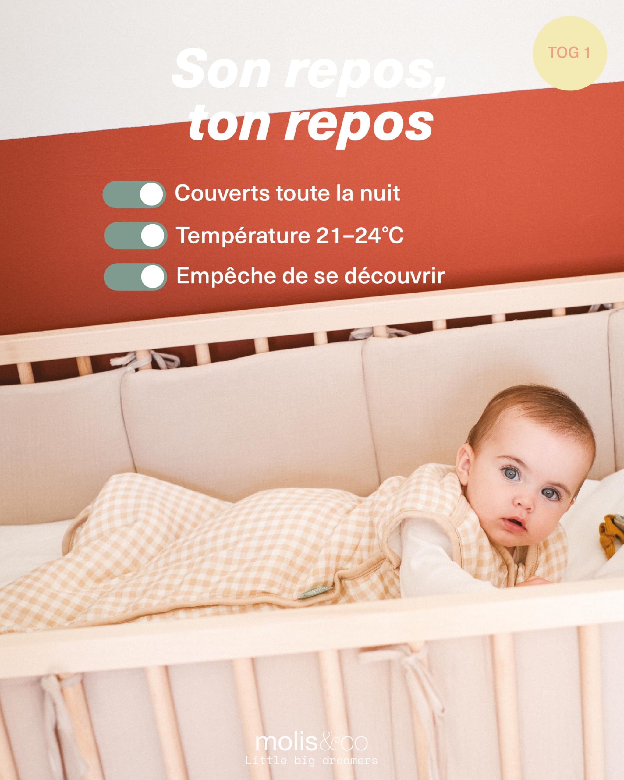 molis&co - Gigoteuse pour bébé - Gigoteuse Bébé Tog 1 - Mousseline de Bambou Première - Changement de Couche à accès à Zip Facile - Turbulette pour Bébé, Fille Garçon - Vichy Sand (6-18 mois)