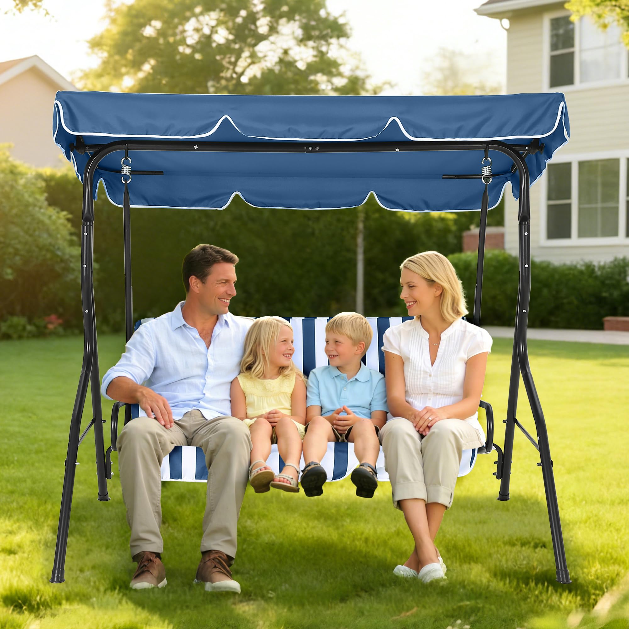 Balancelle de Jardin 3 Places avec auvent Inclinable,Balançoire de jardin 3 Personnes Extérieur avec Coussins et Dossier épais rembourrés,Cadre acier,pour Jardin,Terrasse,Piscine(Bleu)