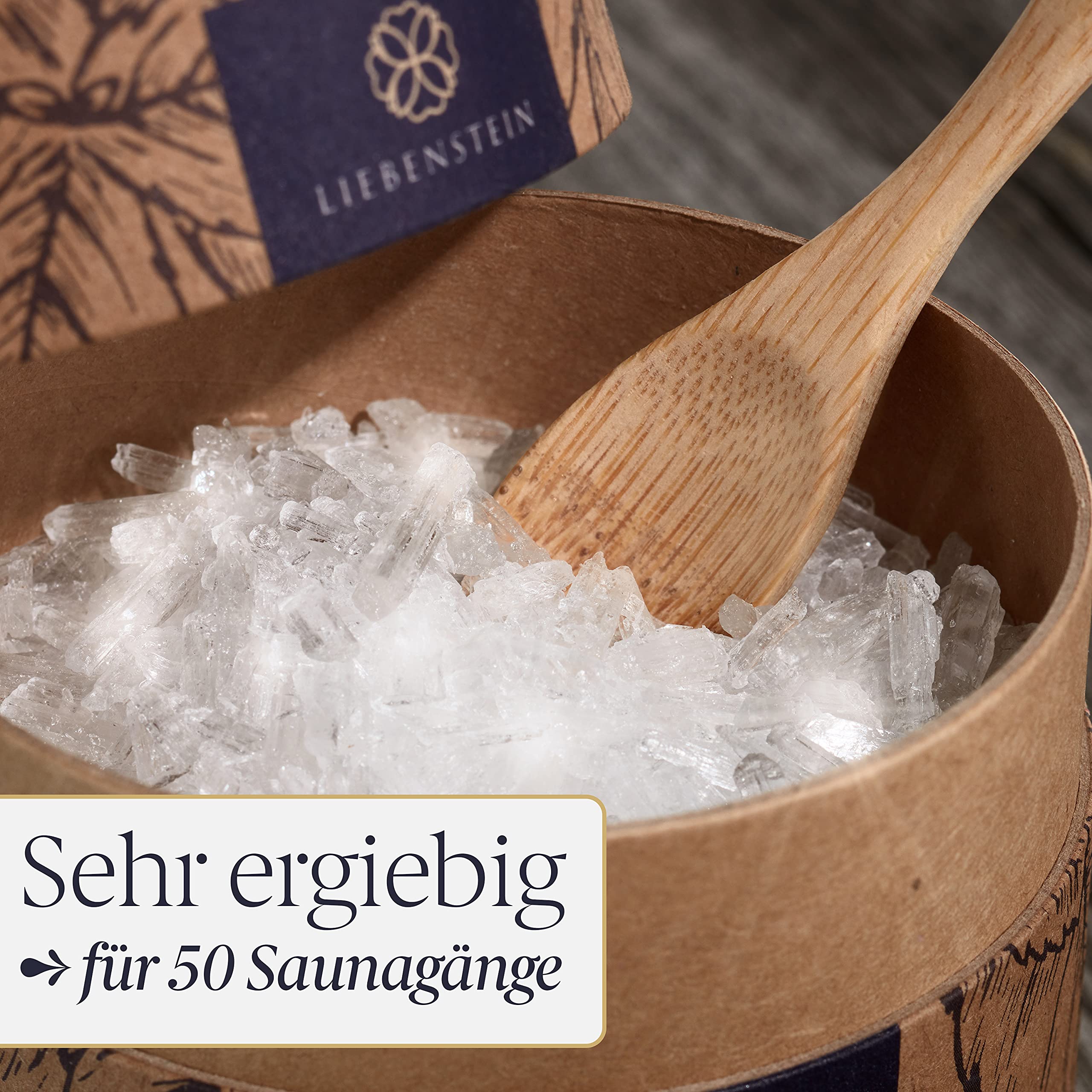 BIO Mentholkristalle Sauna Liebenstein® [100g] – nachhaltige Verpackung und Dosierlöffel aus Holz – Premium Bio Qualität aus 100% reiner Minze – langanhaltendes, erfrischendes und wohltuendes Aroma