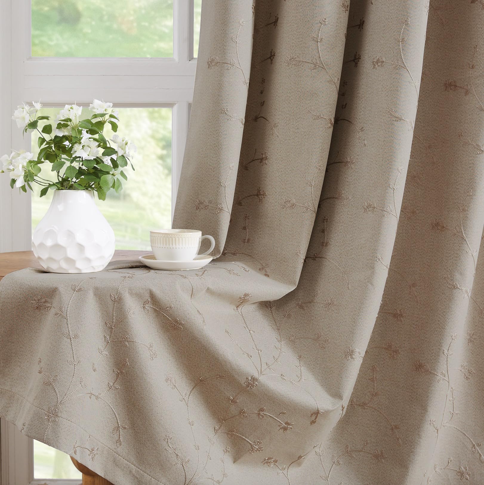 Bujasso Natural Embroidered Floral Blackout Curtain 46"x54"Grommet 2 Panels
