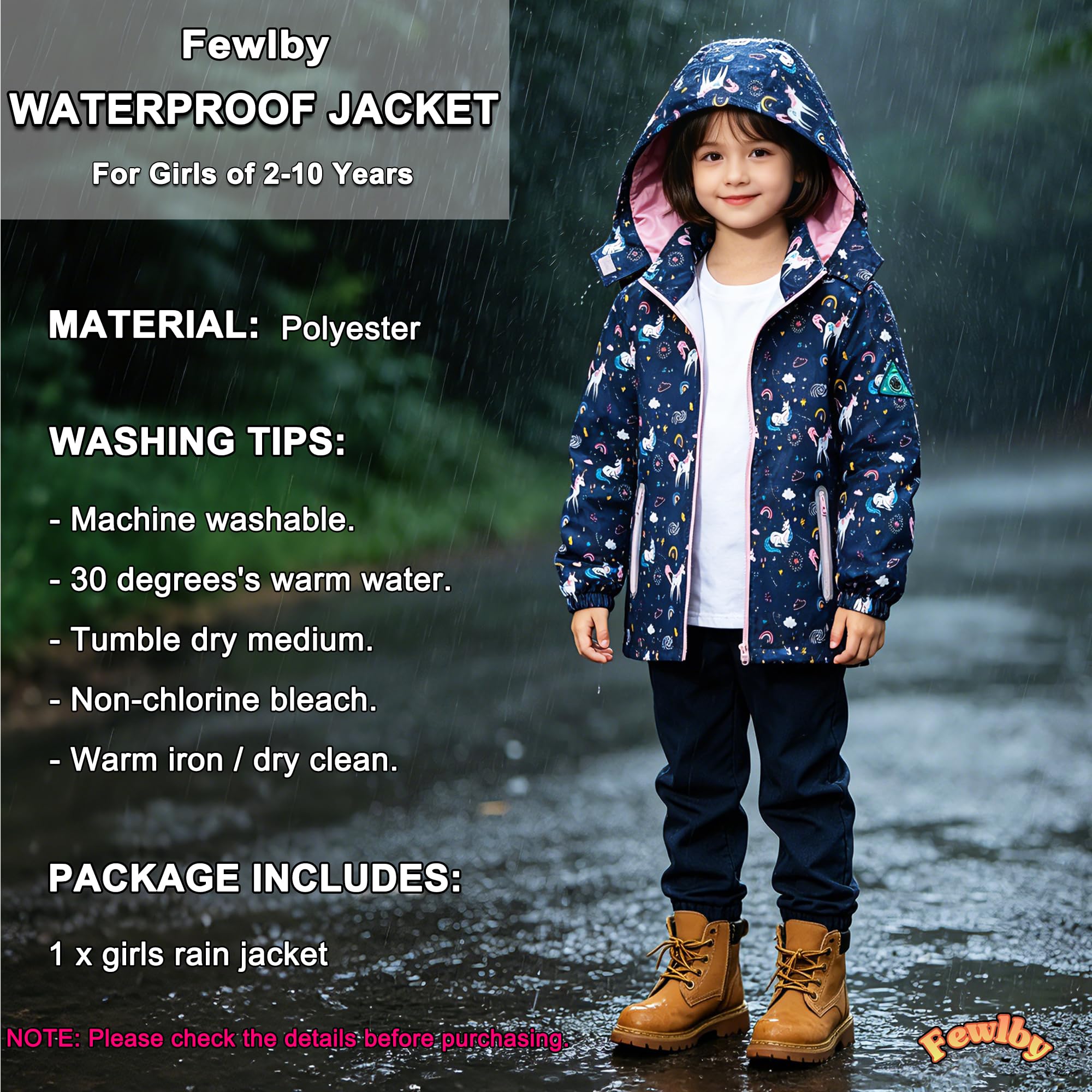 Fewlby Niñas Chaqueta Impermeable, Abrigo de Lluvia Chubasquero Infantil Poncho con Capucha Cortavientos Ligera Abrigo Prueba de Viento Primavera Otoño Abrigos Deportivos 2-10 Años