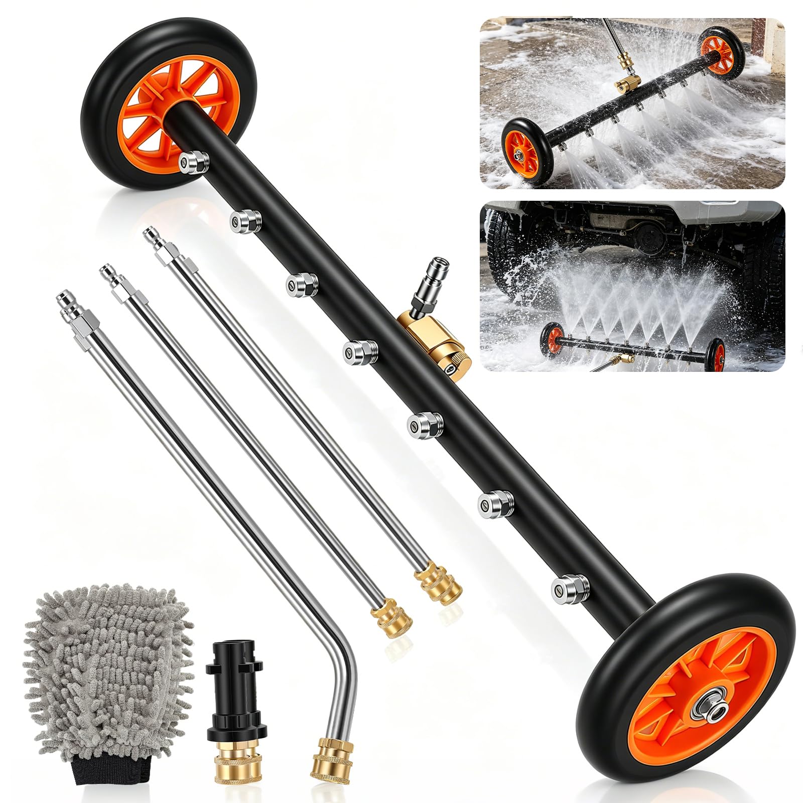 Accesorio para Hidrolavadora, Lavador Bajos Automóviles Accesorio Limpieza Bajos con 7 Boquillas, Ruedas Giratorias y 3 Varillas Extensión 4000 PSI Conexión Rápida 1/4" Doble Función 2 en 1