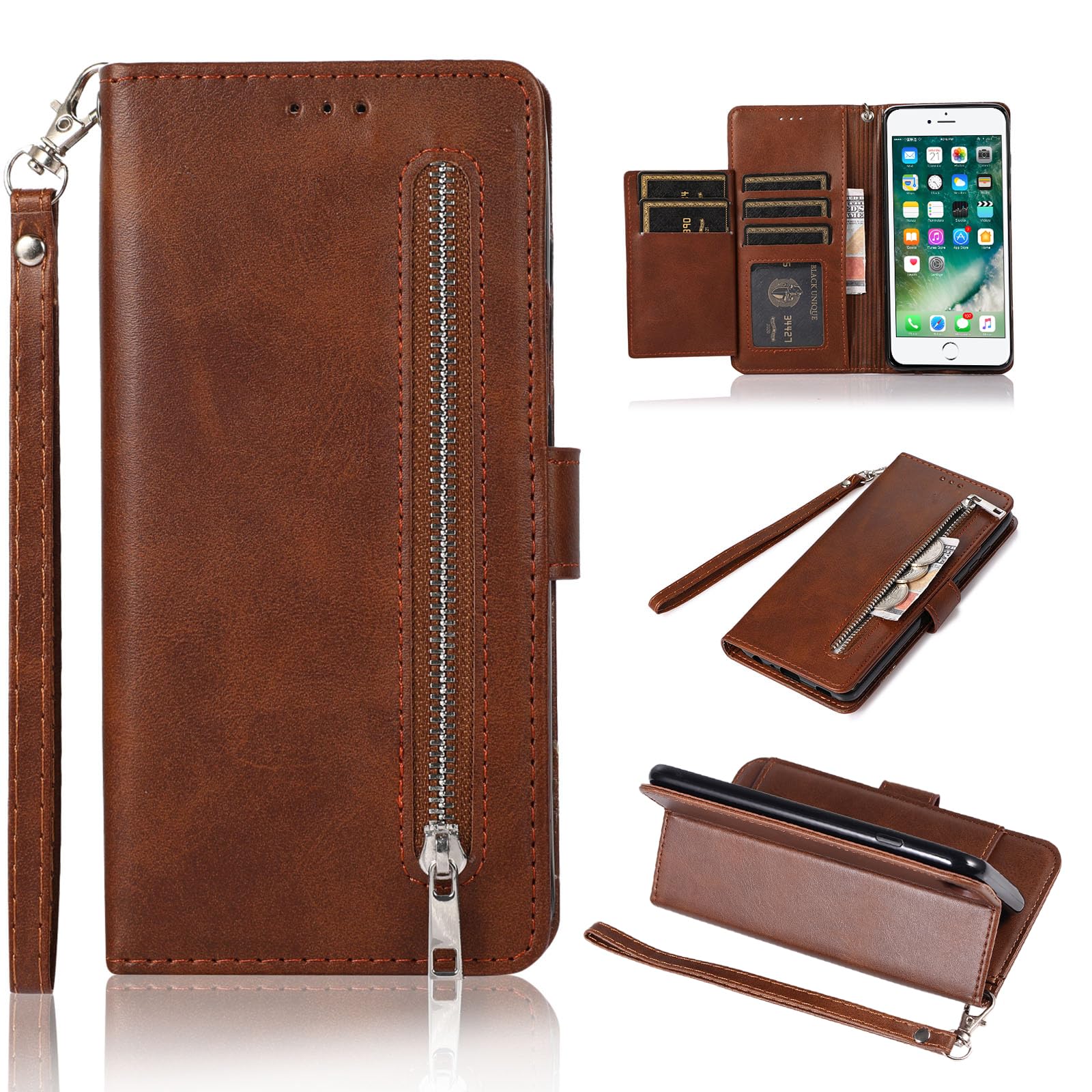 EYZUTAK Wallet Case for iPhone 6 iPhone 6S, 5 Card Slots Magnetic Closure Zipper Pocket Handbag PU Leather Flip Case with Wrist Strap TPU Kickstand Cover for iPhone 6/6S - Brown