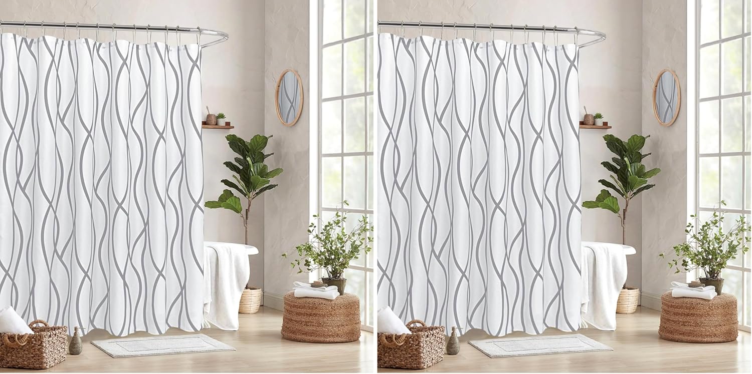 Biscaynebay Extra Long Textured Fabric Shower Curtain 72 W x 84 L, Silver Grey Striped Printed Linen Modern Hotel Luxury Quality Cloth Bathroom Curtains Machine Washable (Pack of 2)
