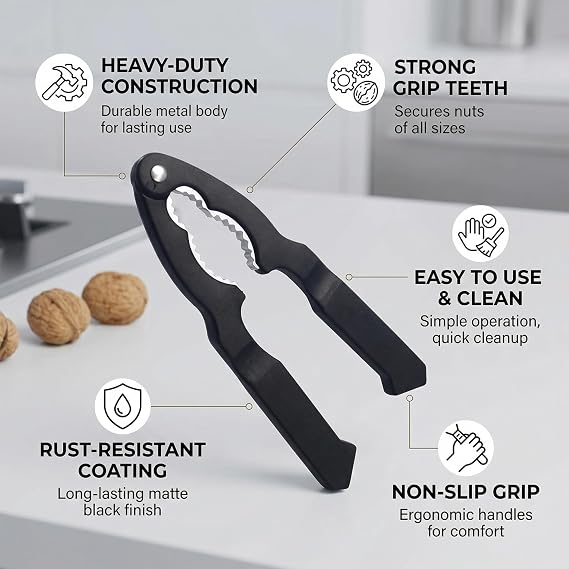 Walnut Cracker Tool with Ergonomic High-Leverage Handles | Professional Zinc Alloy for Pecans, Almonds and Hazelnuts | Durable Non-Slip Kitchen Gadget Black