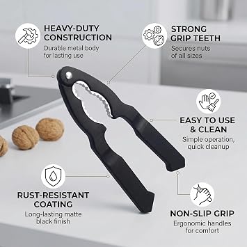 Walnut Cracker Tool with Ergonomic High-Leverage Handles | Professional Zinc Alloy for Pecans, Almonds and Hazelnuts | Durable Non-Slip Kitchen Gadget Black