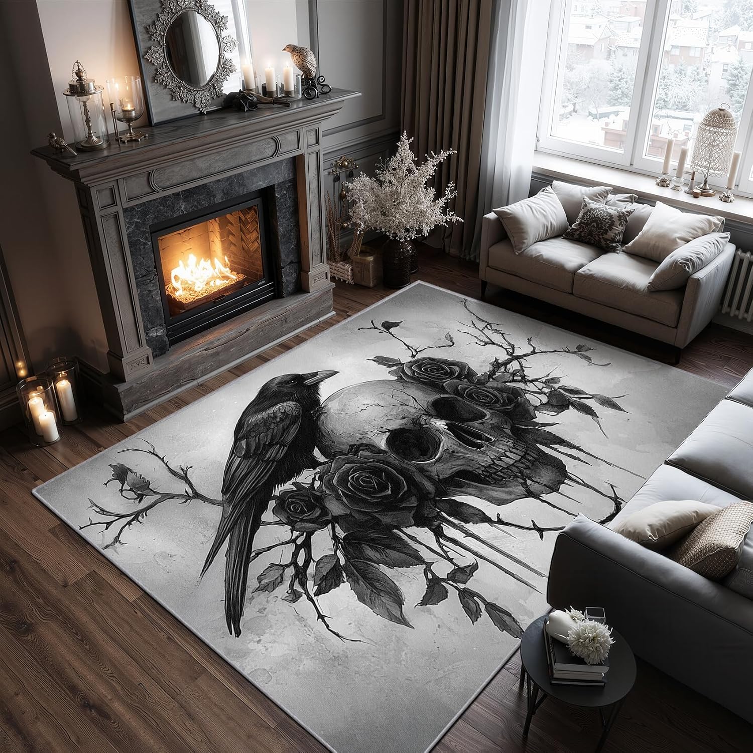 Gothic Rugs for Bedroom - 5x7 Rug, Skull Home Decor, Goth Crow Washable Rugs for Living Room Bedroom, Black Rose Floral Area Rug, Gothic Skeleton Raven Carpet, Gothic Gifts for Women