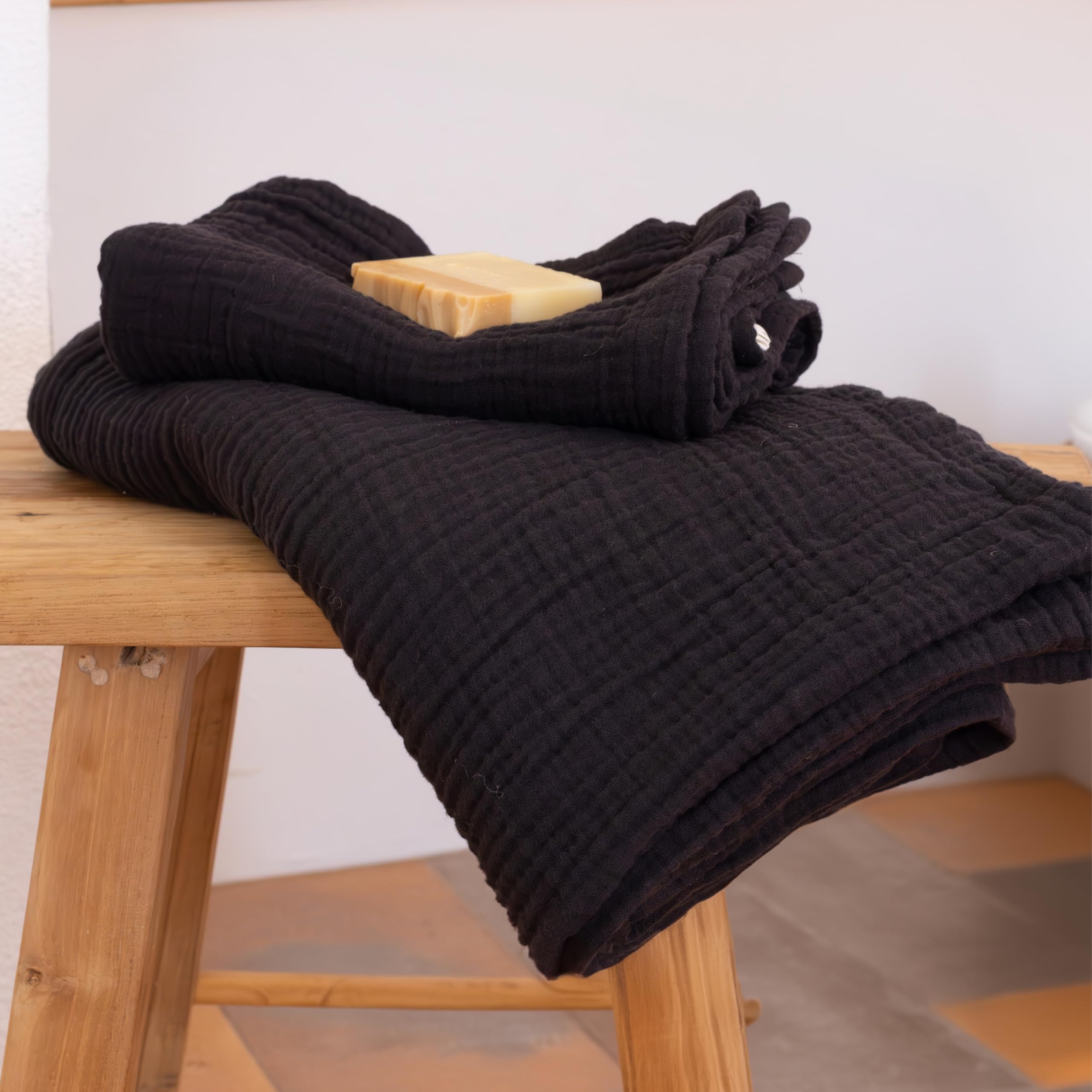 Viva Maison Ultra Soft Muslin Towel Adult Set, 100% Turkish Cotton 4-Layer 2 Pieces Luxury Muslin Hand & Bath Towels Sets for Bathroom (Black, 1 Bath & 1 Hand Towel Set)