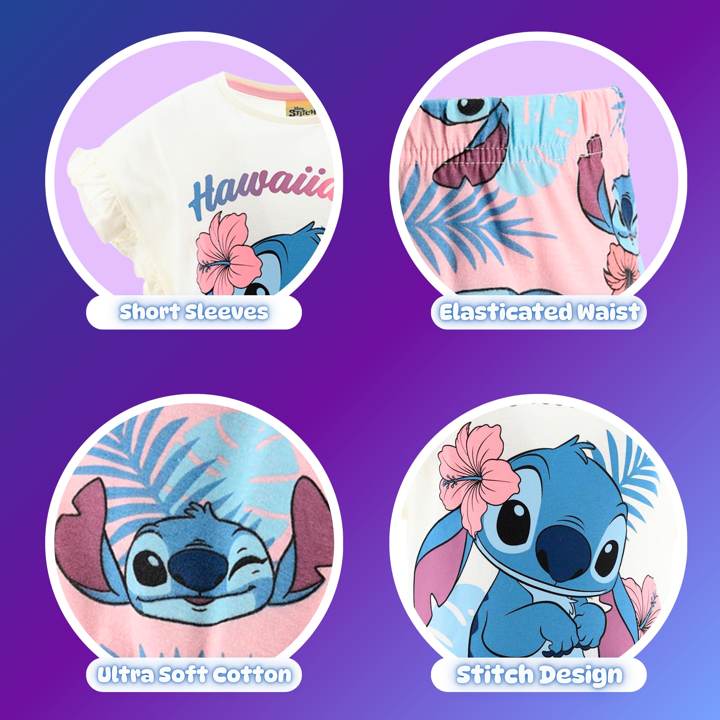 Disney Stitch Pijamas para Niña, 'Hawaiian Dream' Camiseta Manga Corta y Pantalon Corto Algodon, Tallas 3 a 8 Años