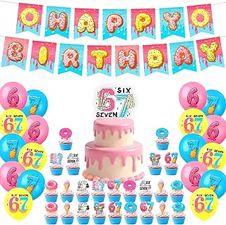 6 7 Birthday Decorations, 67 Meme Themed Birthday Decorations Set Includes Banner, Large Cake Topper, 24 x Cupcake Toppers, 18 x Ballons