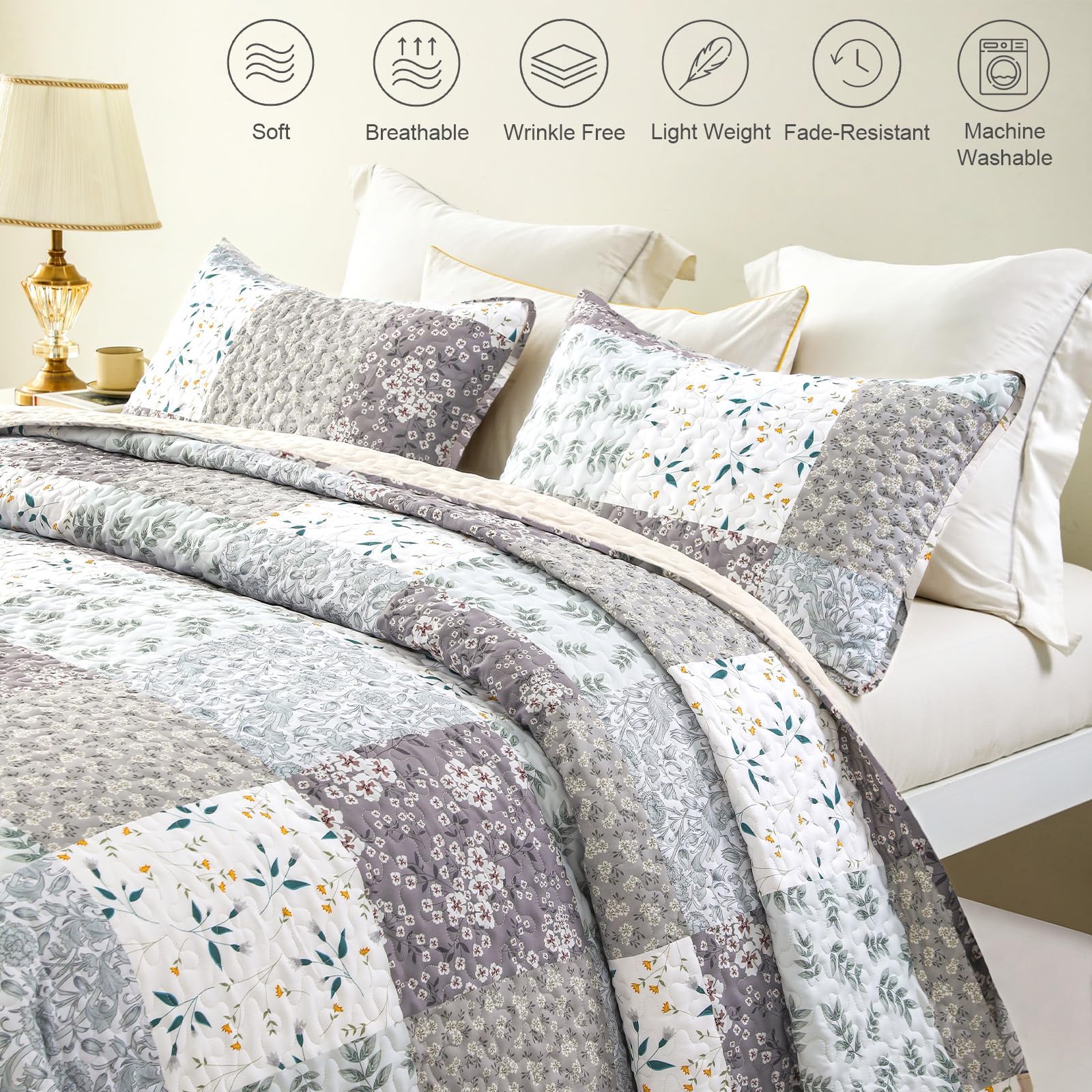 Whale Flotilla Colcha para Cama 240 x 260 cm, con Estampado Impreso, Colcha Reversible y Ligera, con 2 Fundas de Almohada para Las 4 Estaciones, Gris