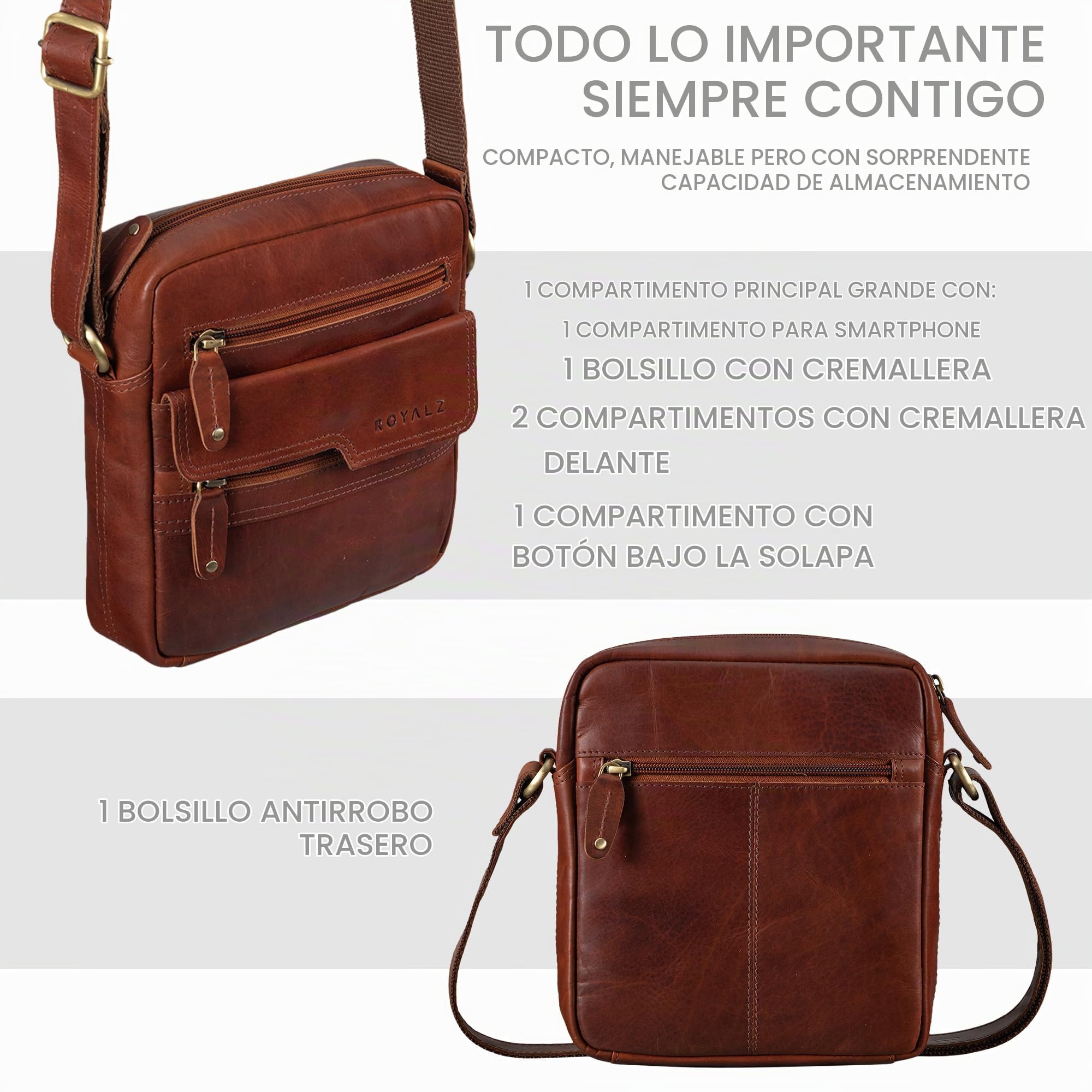 ROYALZ "Oregon Bandolera Hombre Piel Pequeña – Bolso Hombre de Piel Auténtica Vintage, Bolso Bandolera Hombre Compacto, Bolso Cruzado Hombre, Bolso Messenger de Cuero