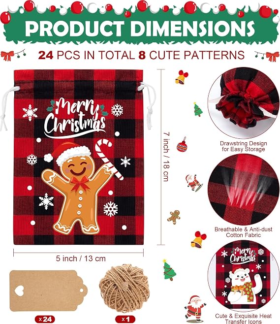 FLOE 72Pcs Burlap Christmas Drawstring Bags, 5x7in Buffalo Plaid Xmas Gift Bags Christmas Candy Bag Small Xmas Linen Treat Bags Goody Reusable Gifts Wrapping Bag Holiday Party Favors Sack