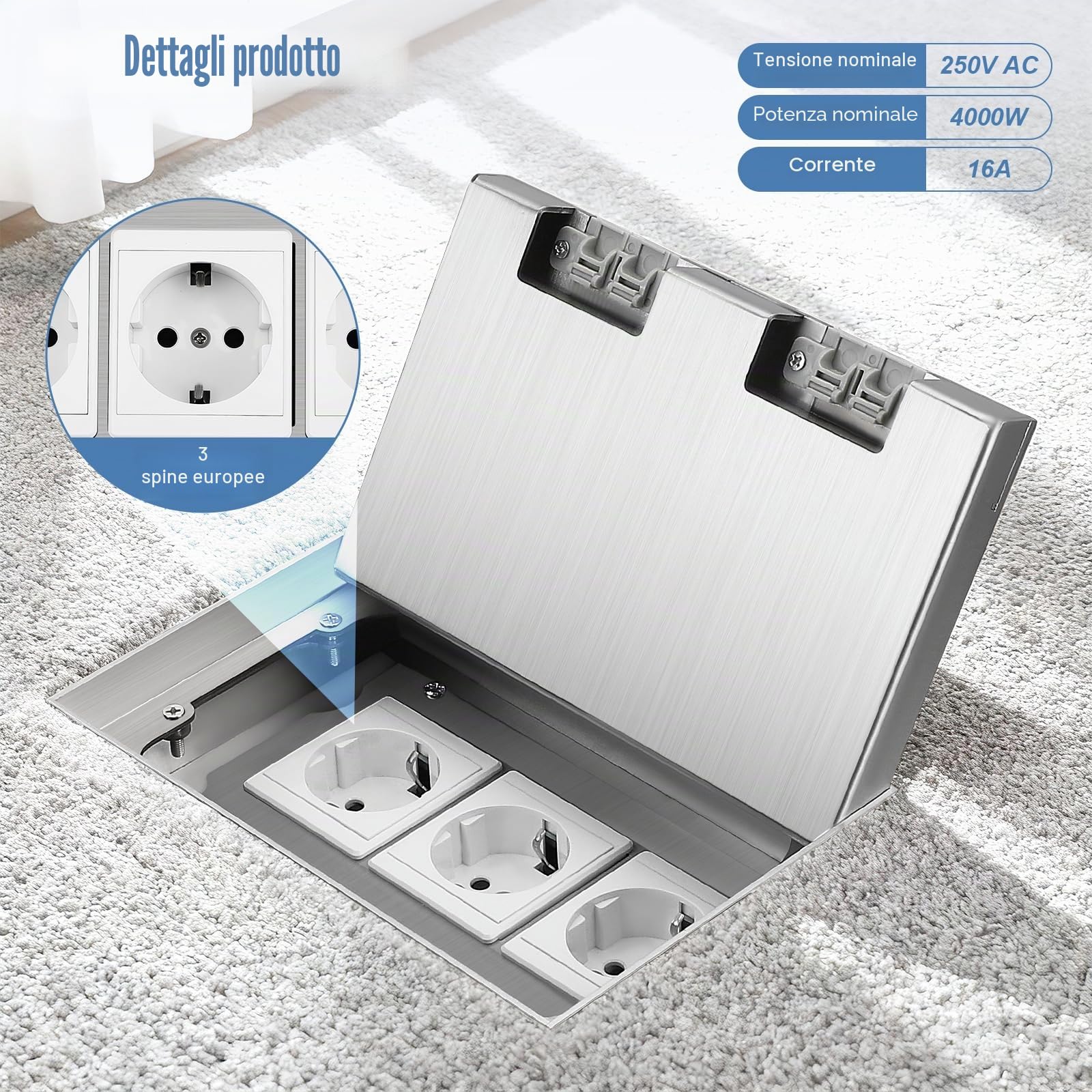 Presa da pavimento 16 A, 3 prese, scatola di presa da incasso a pavimento, impermeabile e antipolvere, per cucina, soggiorno, ufficio, sala riunioni, 4000 W/10 A/240 V, acciaio inox