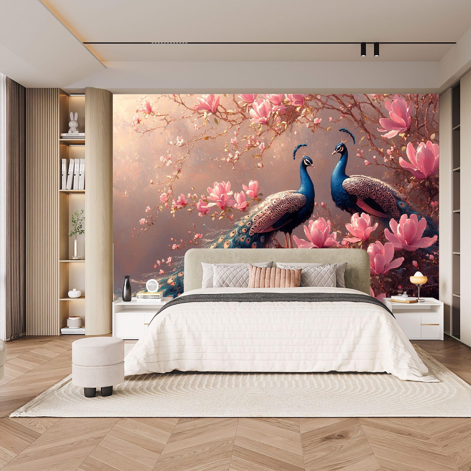 Fototapeta paw 250 x 175 cm, tapeta z włókniny XXL, nowoczesna tapeta ścienna, różowe kwiaty, paw, salon, sypialnia, efekt 3D, dekoracja ścienna, ptaki zwierzęce, do pokoju dziecięcego, jadalni
