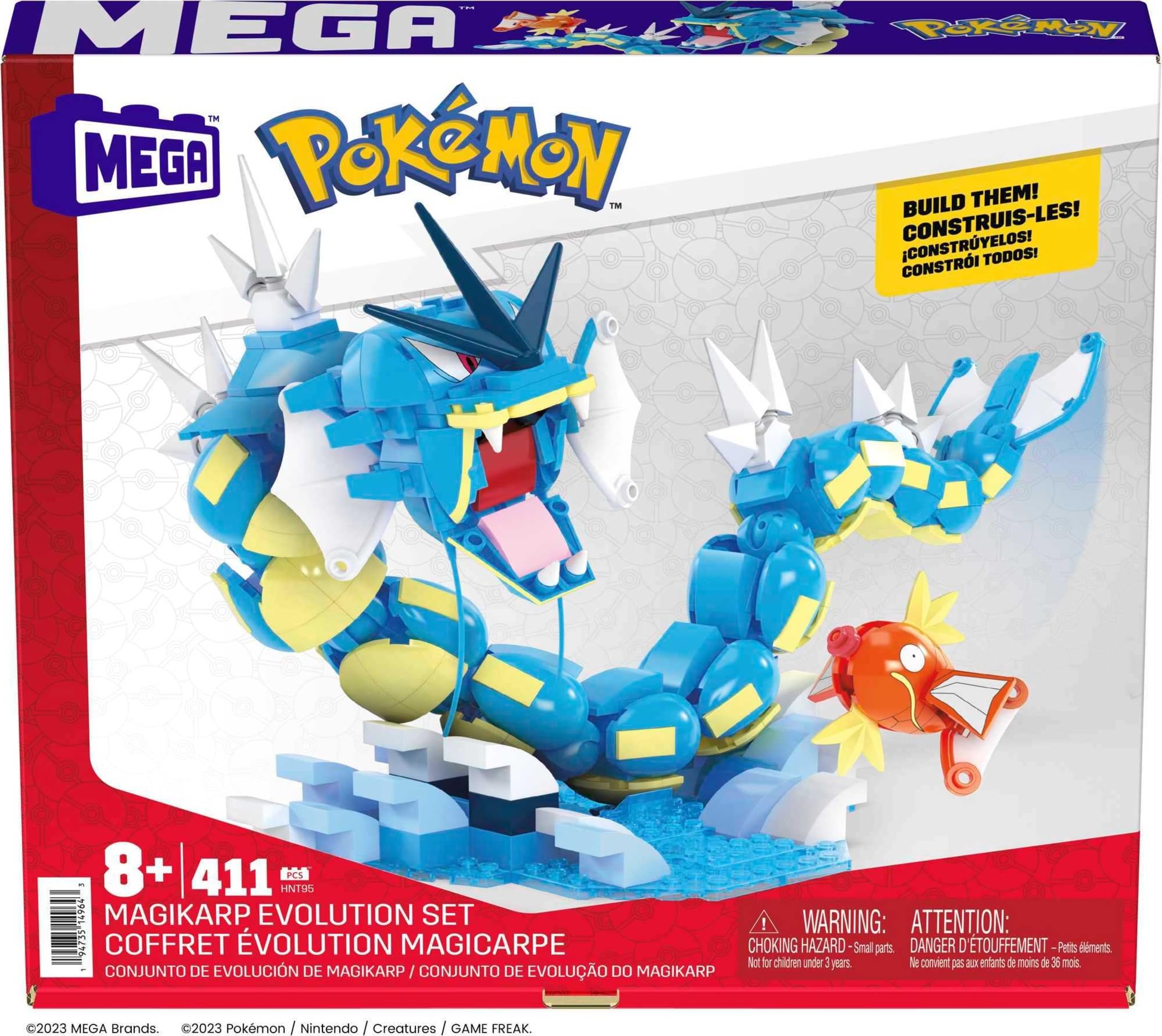 MEGA Pokemon Ewolucja Magikarpa Zestaw klocków (411 elementów), Gyarados (50 cm długości) do ustawiania w różnych pozach, HNT95