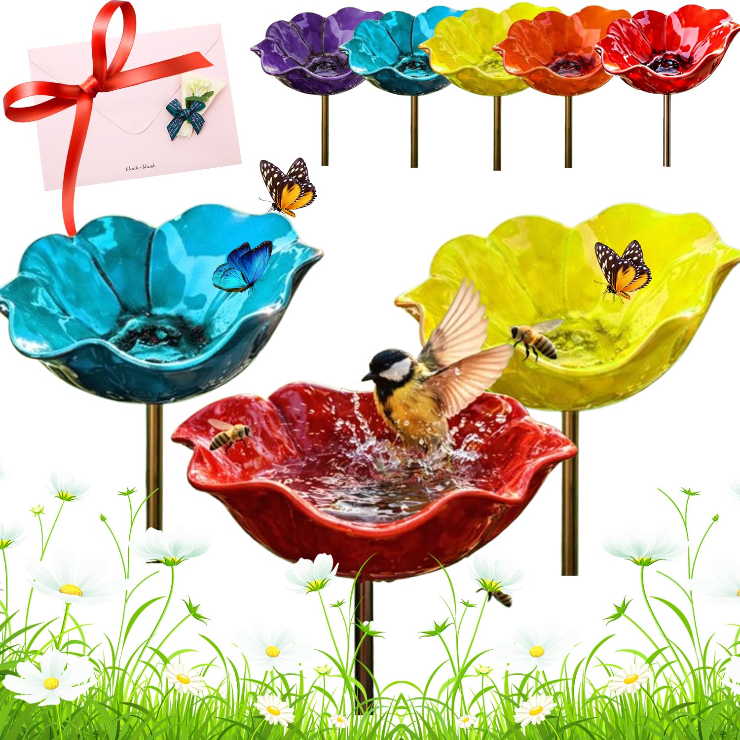 Blumen Gartenstecker Vogeltränke, Bienentränke für den Garten – Handgefertigte Metallblume als Vogelbad & Insektenwasserstelle, Gartenstecker für draußen Naturliebhaber (3*A)