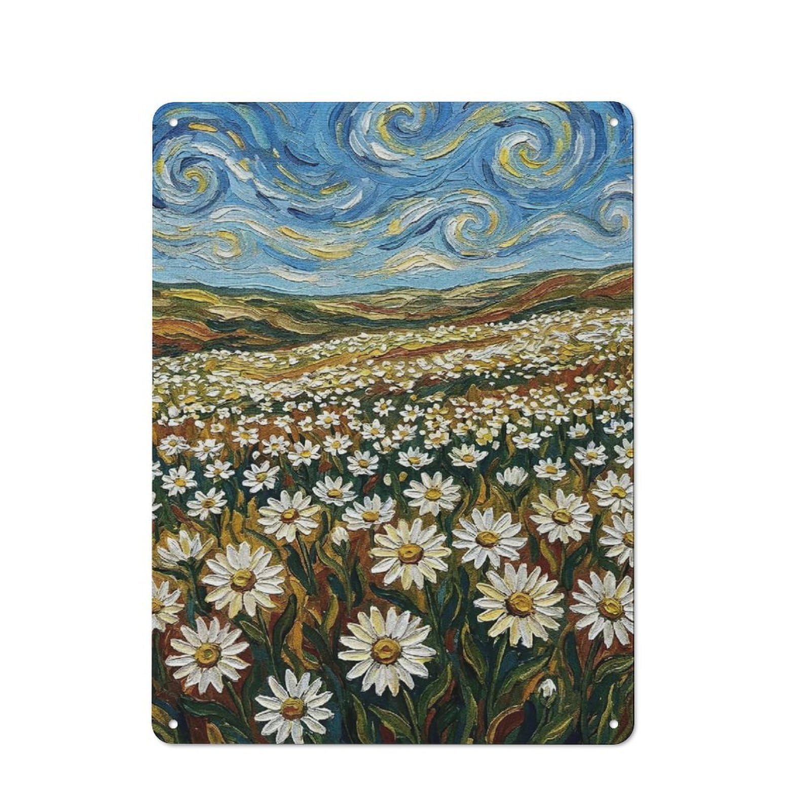 Junmoney Style-15 Understated Daisy Field Impressionist Painting Metal Wall Plaque 40X30cm, Creative Space Decor For Office, Study, Studio Or Hallway