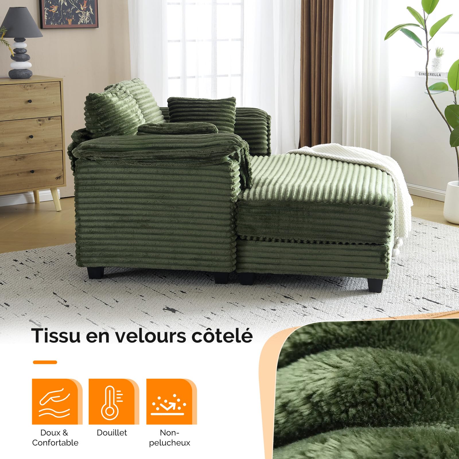 VINGLI Canapé-Lit 2 Place, Fauteuil Longue Confort, Méridienne avec Accoudoirs Courbés, Grand Sofa Accompagné avec Coussins Lombaire, Lit d'Appoint pour Salon, 142 x 151 x 86 cm, Velours Côtelé, Vert