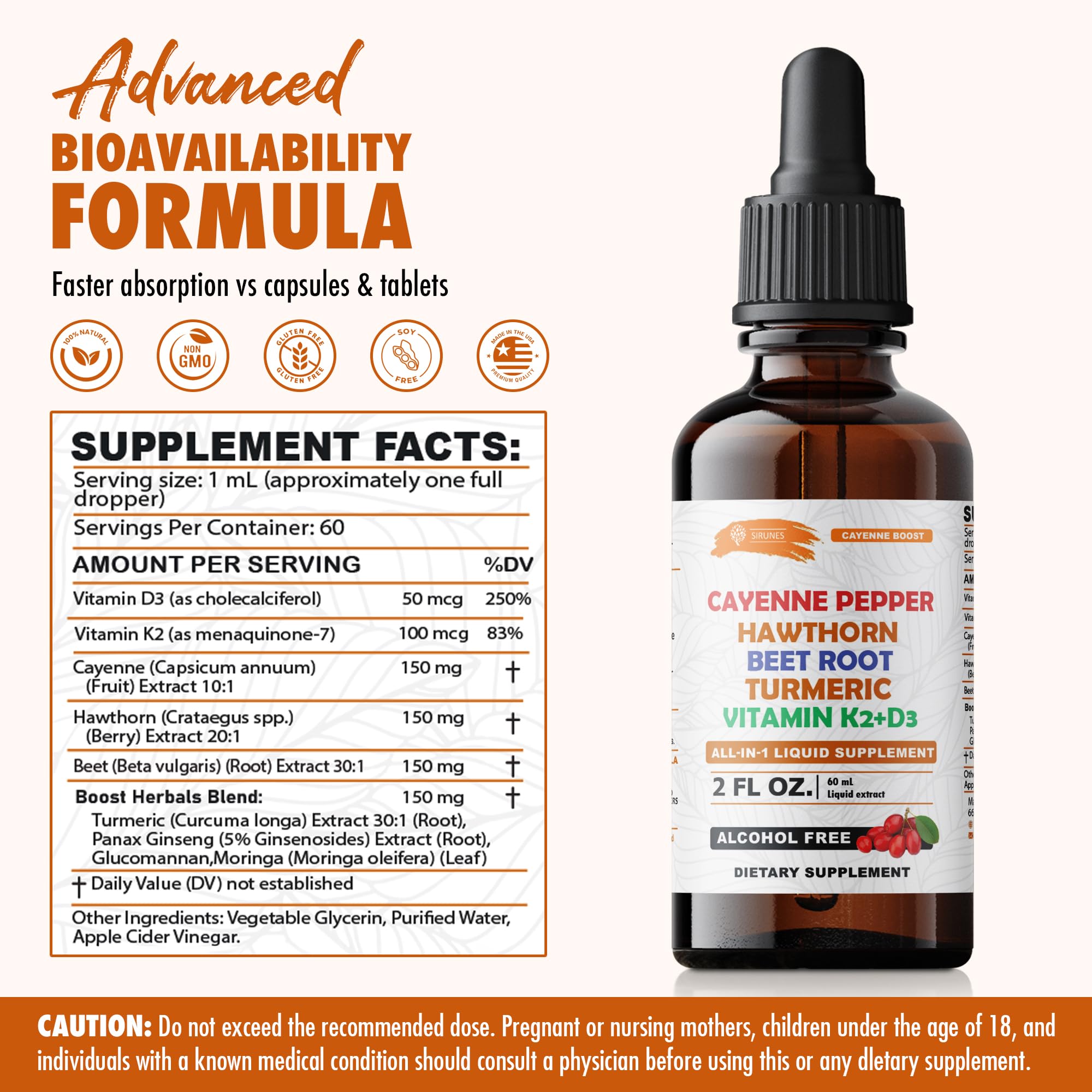 Cayenne Pepper Drops with Hawthorn Beet Root Turmeric Vitamin K2+D3 Liquid Supplement, Alcohol Free, 2 FL OZ, 60 Servings — Amazon image 6