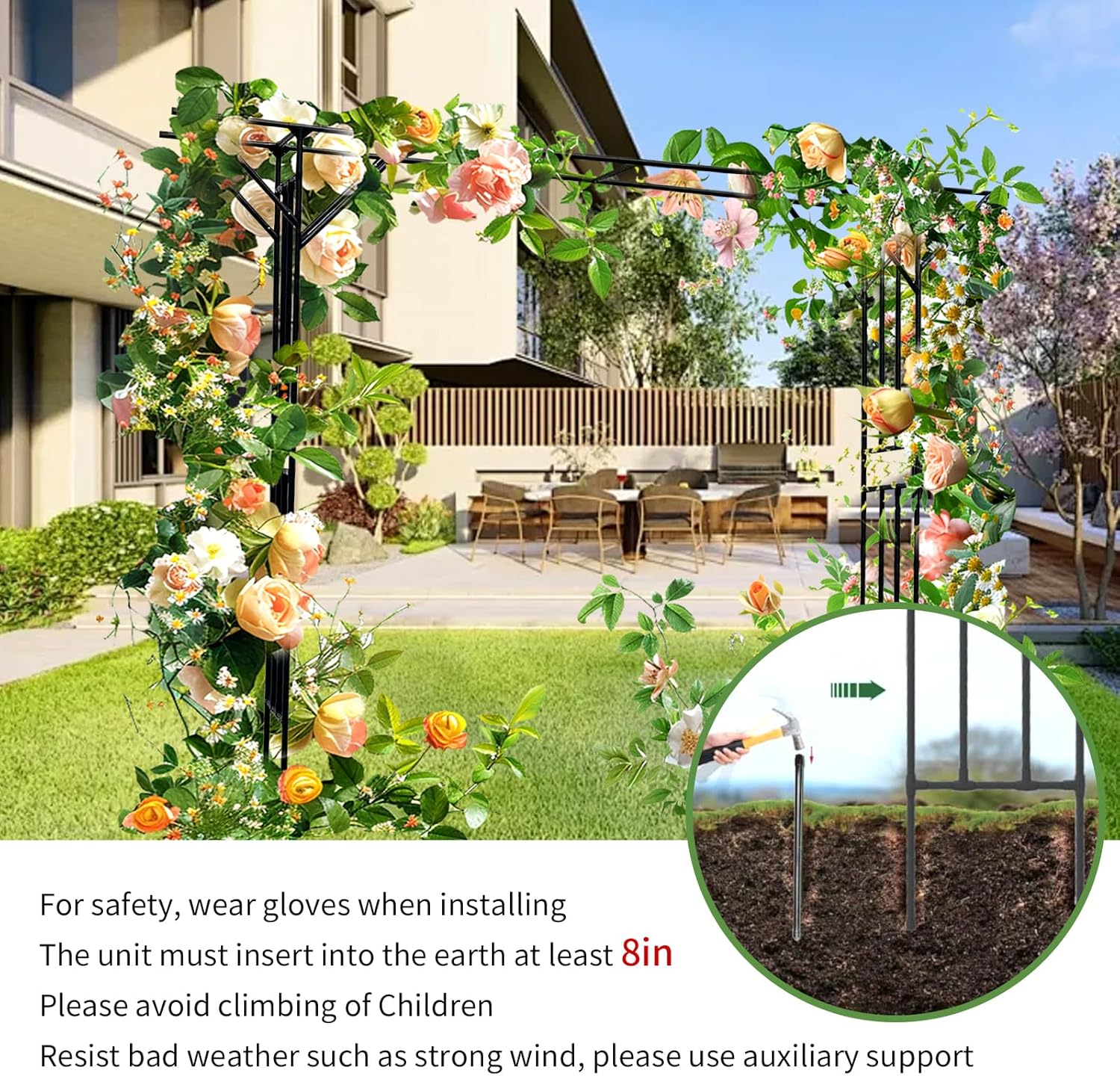 Garden Trellis Arch - 140.7" L x 106" H Supersize Flattop Garden Arch for Wedding - Galvanized Steel Pipe Coated with Plastic （Black）