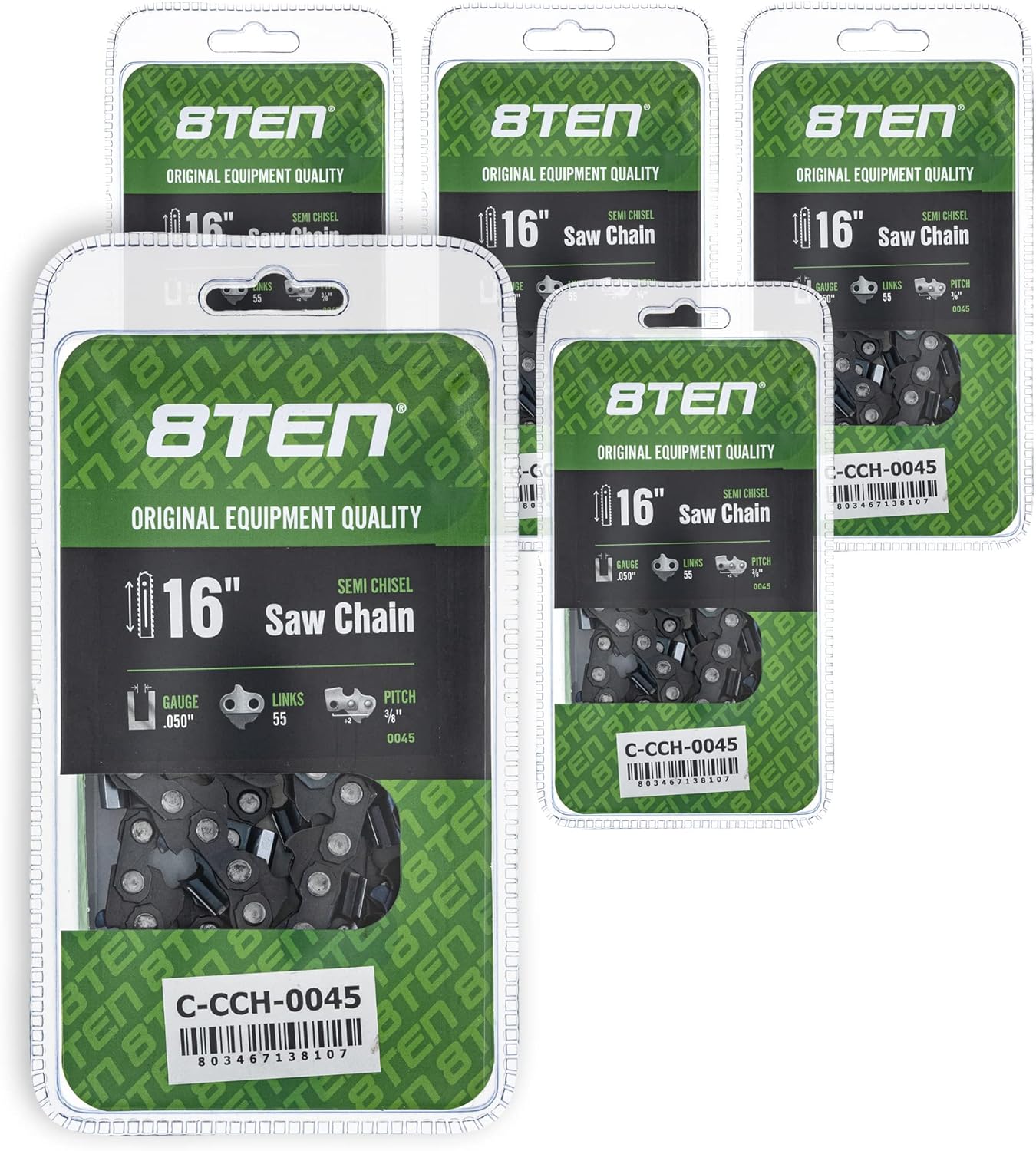 8TEN Semi Chisel Chainsaw Chain 16 Inch .050 3/8 55DL for Stihl MS 170 181 201 for Poulan PLN3516F (4 Pack)