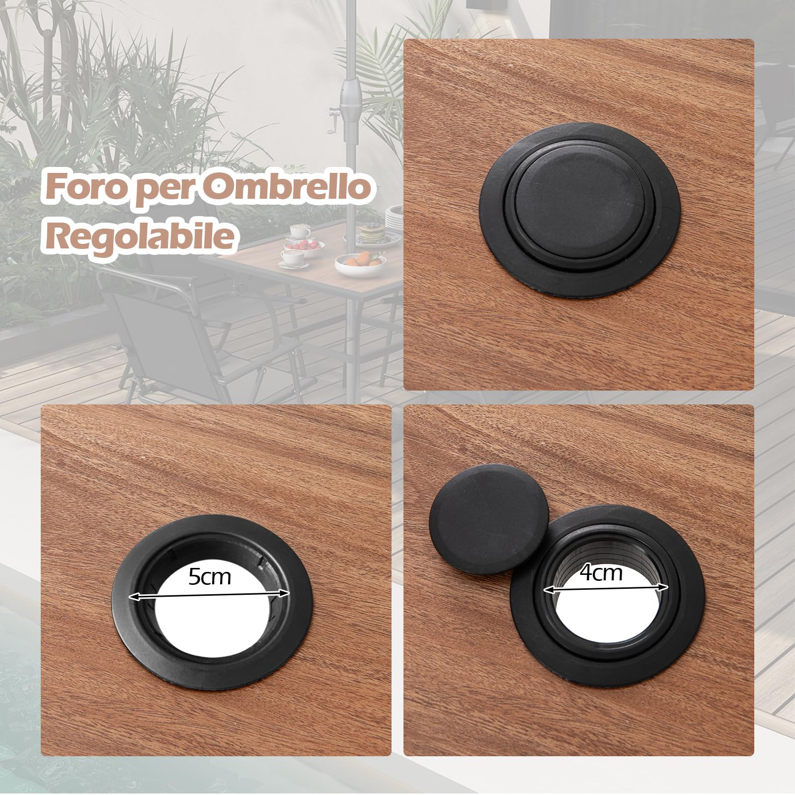 COSTWAY Tavolo da Pranzo da Giardino per 4 Persone con Foro per Ombrellone | Tavolo Quadrato da Esterno 85 cm con Piano in Legno e Telaio in Metallo, Portata 80 kg