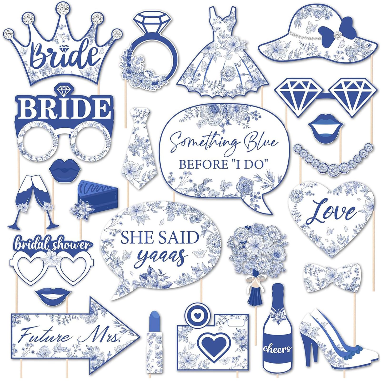 Toyhood 24pcs Bride To Be Selfie Props, Hen Party Photo Booth Props, Blue Paper Wedding Bride and Groom Selfie Prop, for Wedding Bridal Shower Personalised Hen Night Do Party