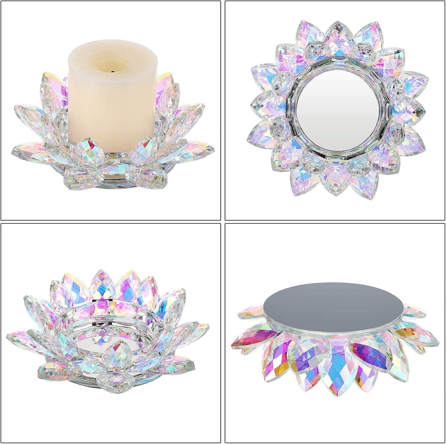 OwnMy Crystal Lotus Flower Candle Holder for Pillar Candle up to 3", Decorative Glass Lotus Petal Votive Candle Holder Tea Light Holder Candle Stand Candle Lamps for Home Decor Wedding Party, AB Color