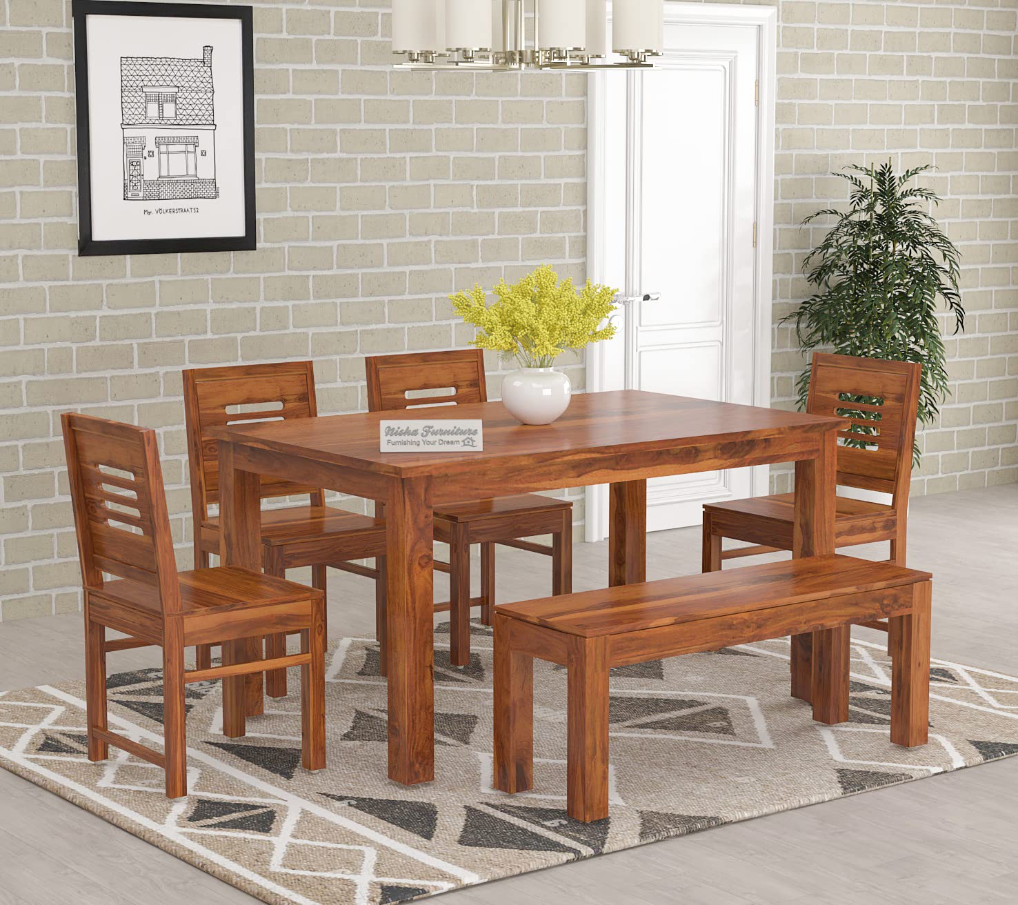 NISHA FURNITURE Wooden Dining Table 6 Seater with Chairs | Sheesham Wood Dining Table 6 Seater Set, Dining Table with Bench | Natural Teak Finish-image-43
