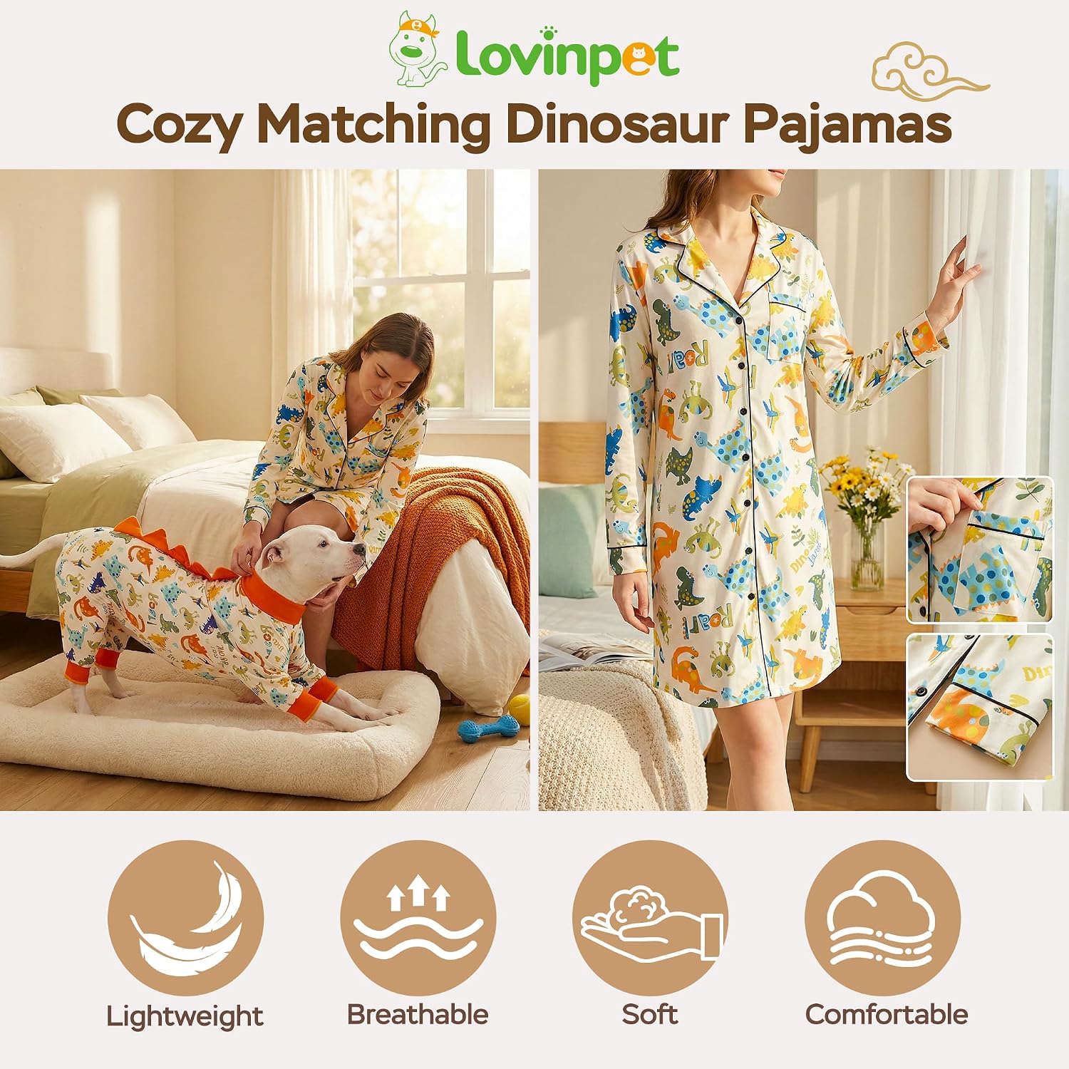 LovinPet Women's Nightgown, Button-Front Long Sleeve Sleepshirt with 3 Pockets, Notch Collar, Curved Hem Lounge Sleep Dress