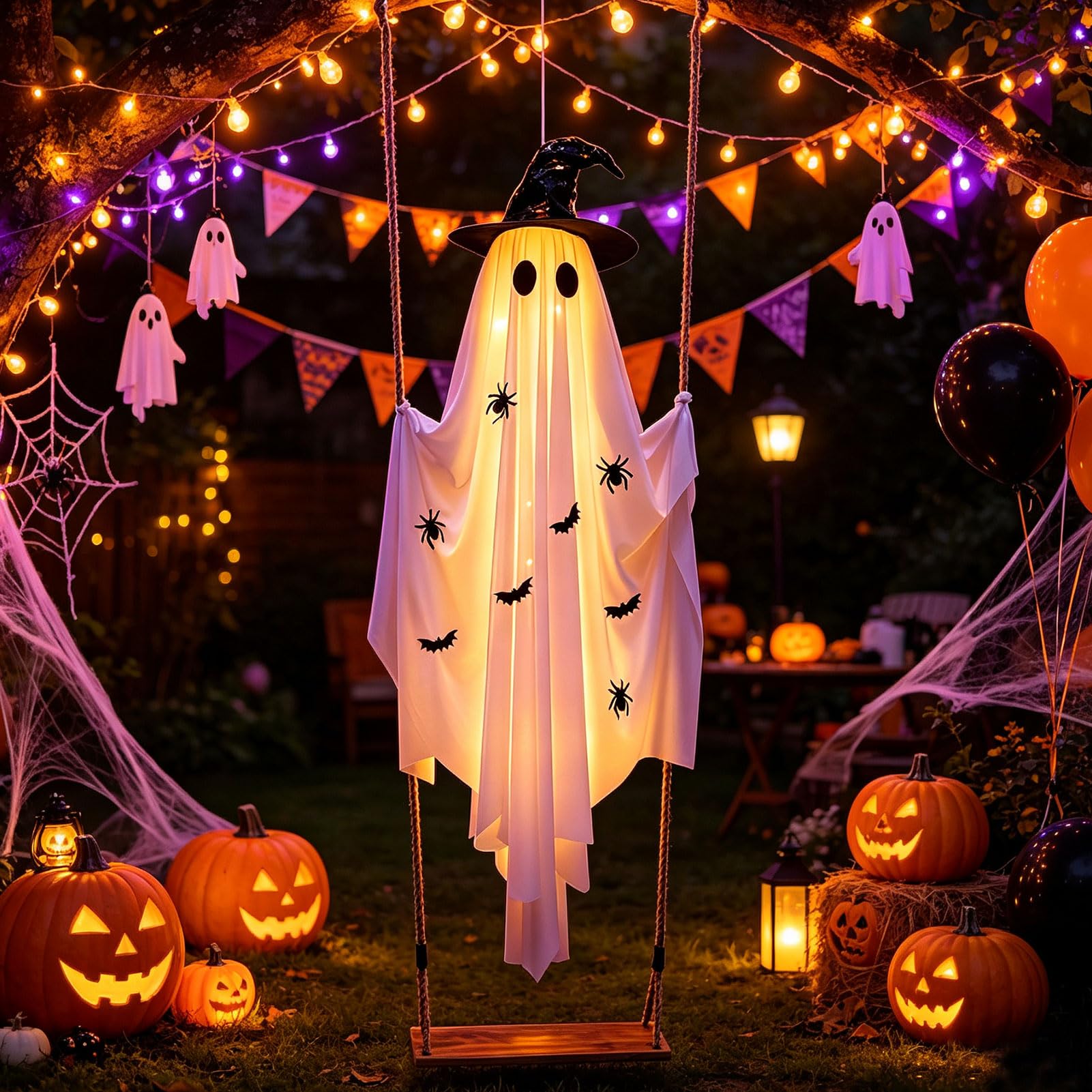 Halloween Deko Geist mit Kürbis Eimer,1.5M Halloween Deko Hängender Geister mit 8 Lichtmodi & Fernbedienung,Gespenster Halloweendeko,Gruselige Windsack für Außen Innen Garten Terrasse Party (D)