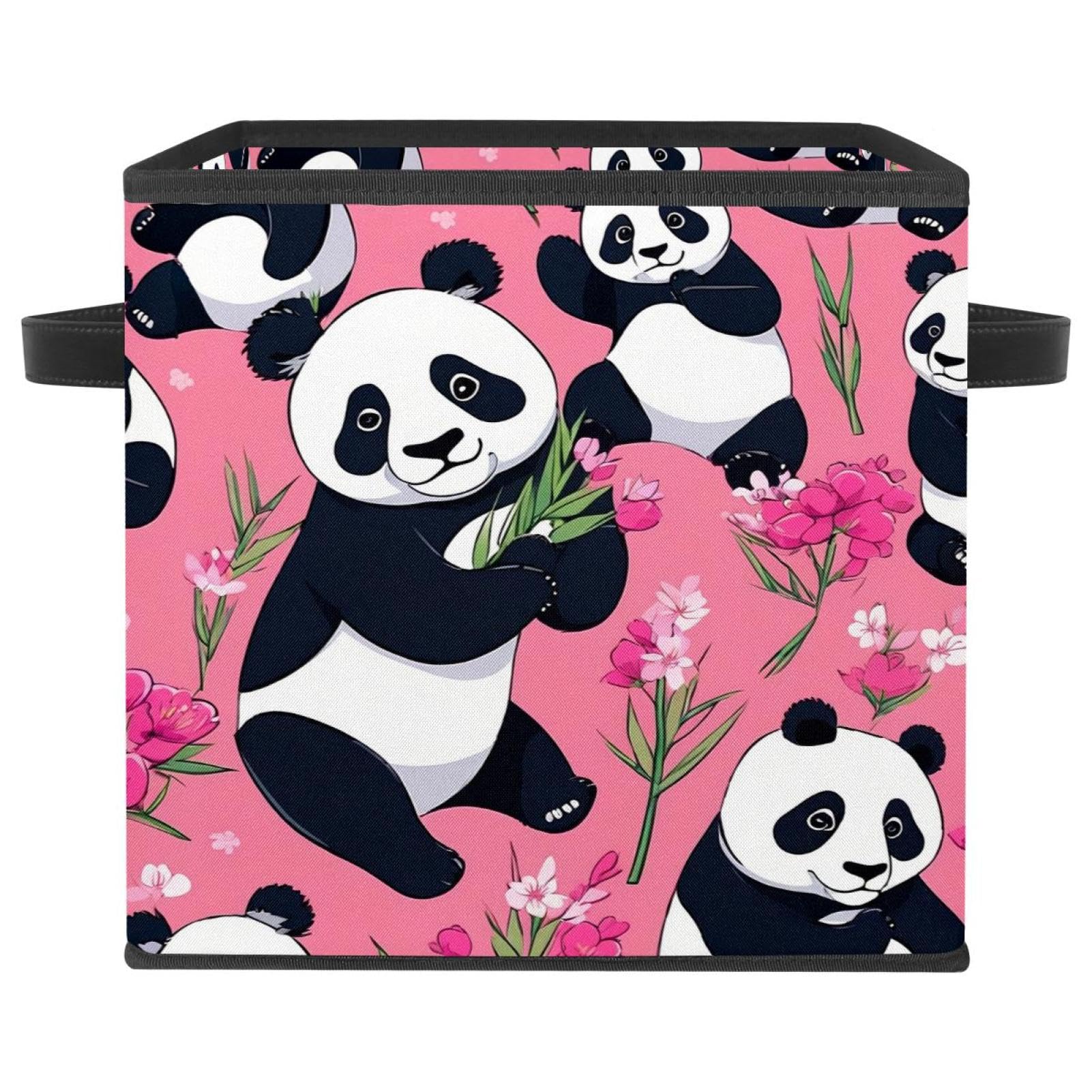 Grand cube de rangement pliable et robuste avec poignées cuir et motif panda