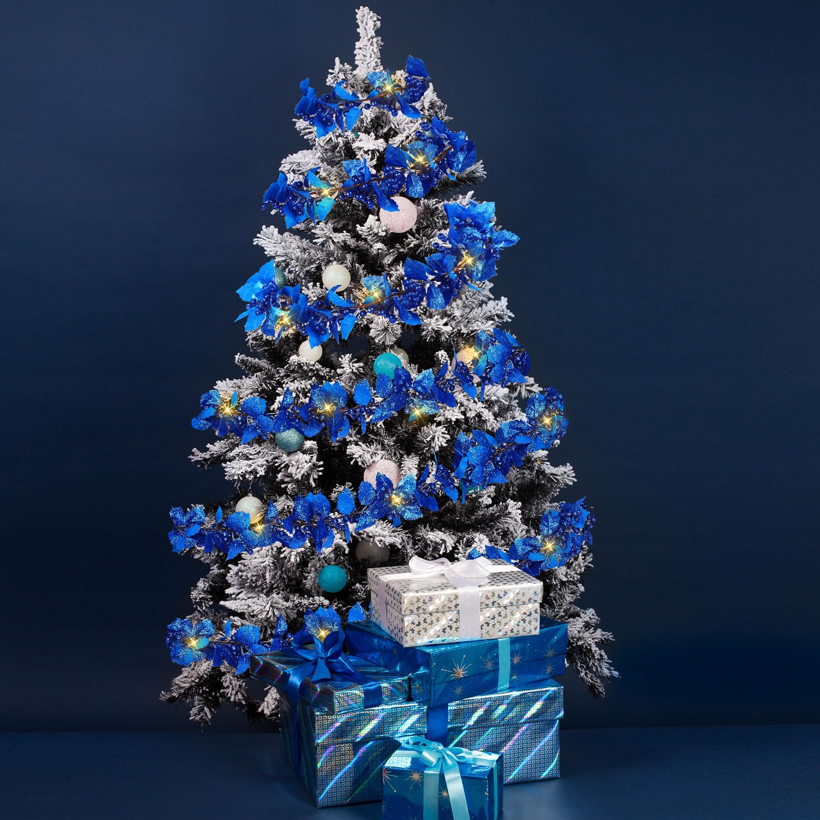 Syhood Guirlande de baies de Noël de 1,8 m - Guirlande lumineuse de feuilles de houx artificielles pour intérieur - Décoration d'automne et de Noël - Guirlande lumineuse pour cheminée, cheminée - Bleu