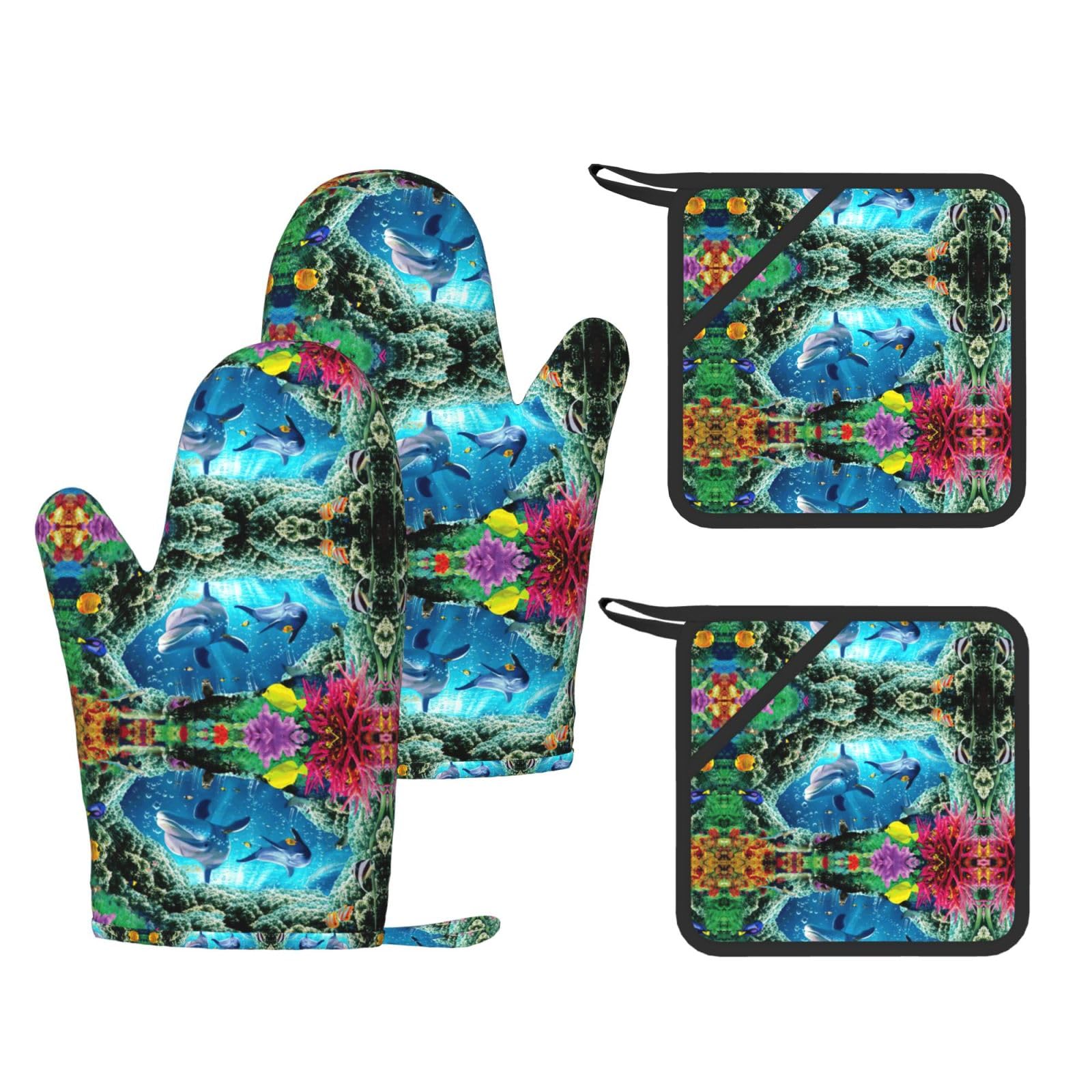 Ocean Underwater Dolphin Fish Printed Potholder and Oven Mitt Set of 4, High Heat Resistant Cooking Gloves for BBQ Grilling