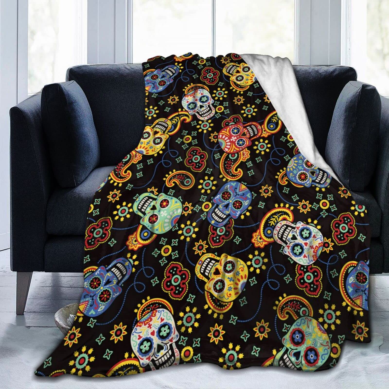 Lsjuee Flower Sugar Skull Blanket Halloween Throw Blankets Home Decor Funny Skeleton for Women Men Cozy Flannel Bed Blanket 80"X60"