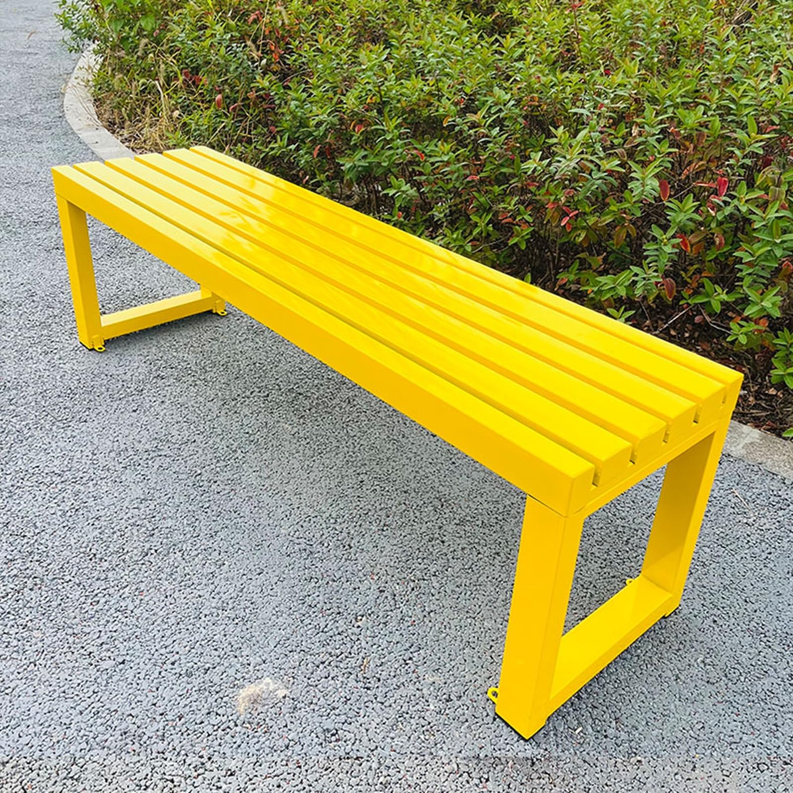 Banco de jardín de metal resistente a la intemperie de 180 cm, asiento de patio al aire libre, elegante banco de plantación de acero para terraza, parque, balcón y elegante acabado amarillo