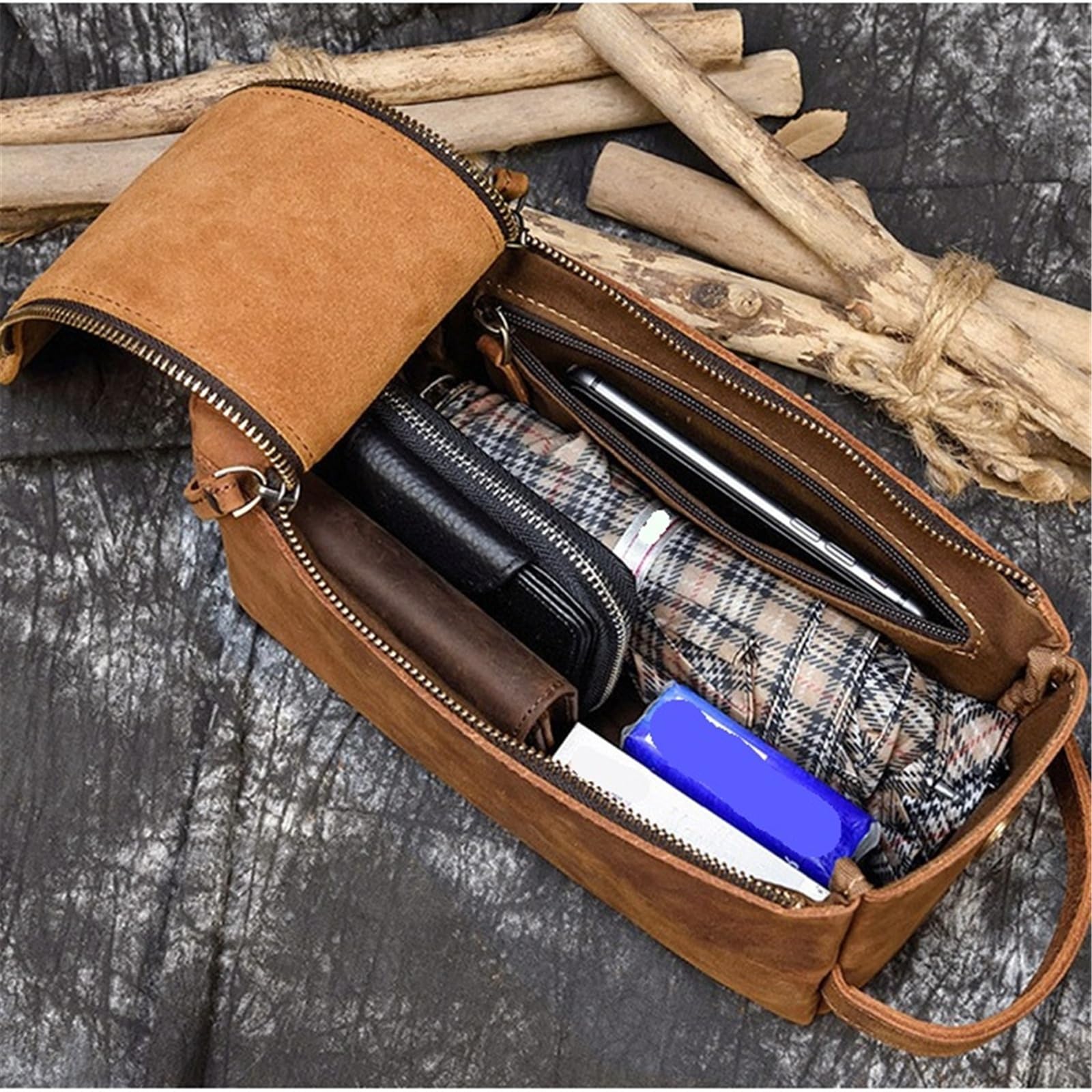 Męska, skórzana, poręczna torba na kosmetyki i kosmetyki o dużej pojemności(Brown pattern)