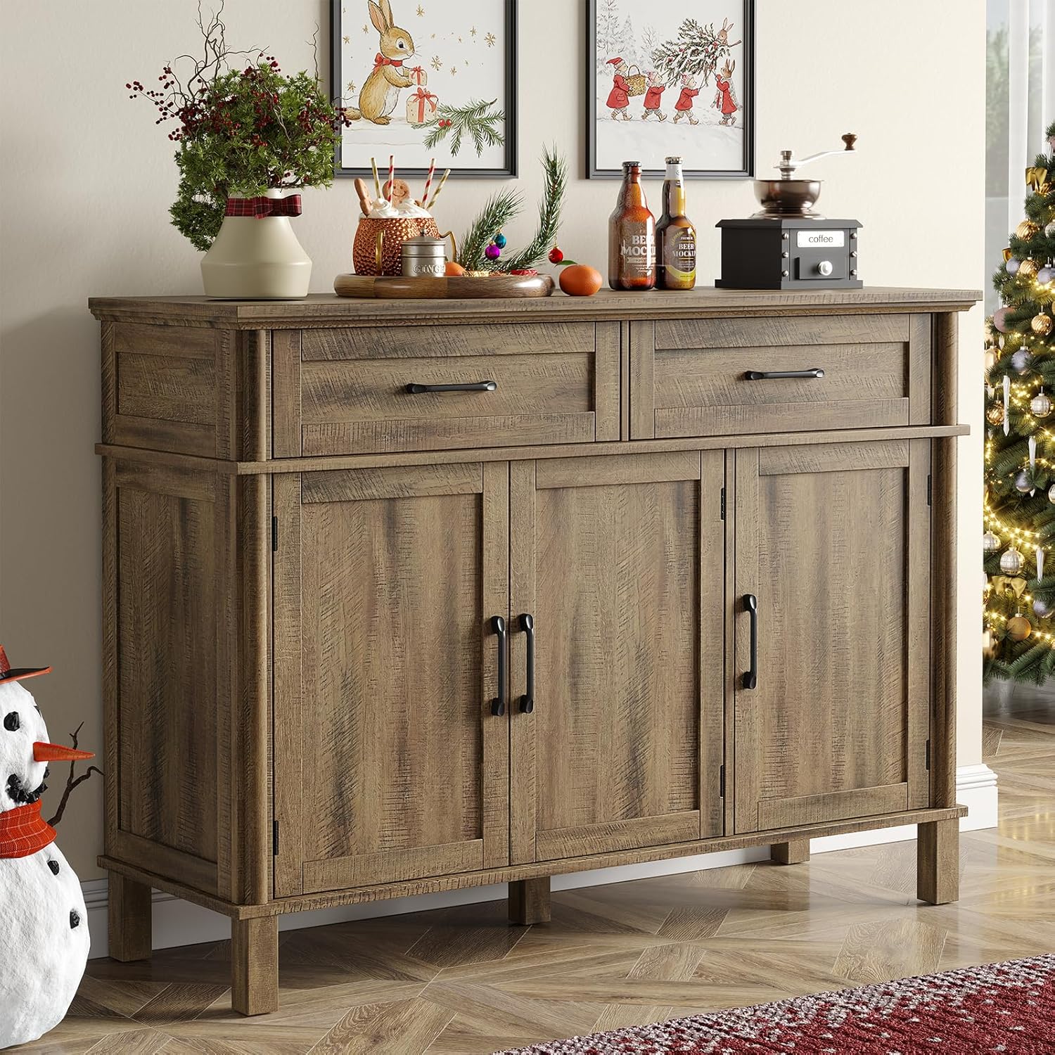 48 Inch Sideboard Buffet Cabinet with Storage, Farmhouse Coffee Bar Cabinet with 5 Drawers, Adjustable Shelves, Wood Sideboard Credenza for Kitchen, Living Room, Entryway, Washed Grey