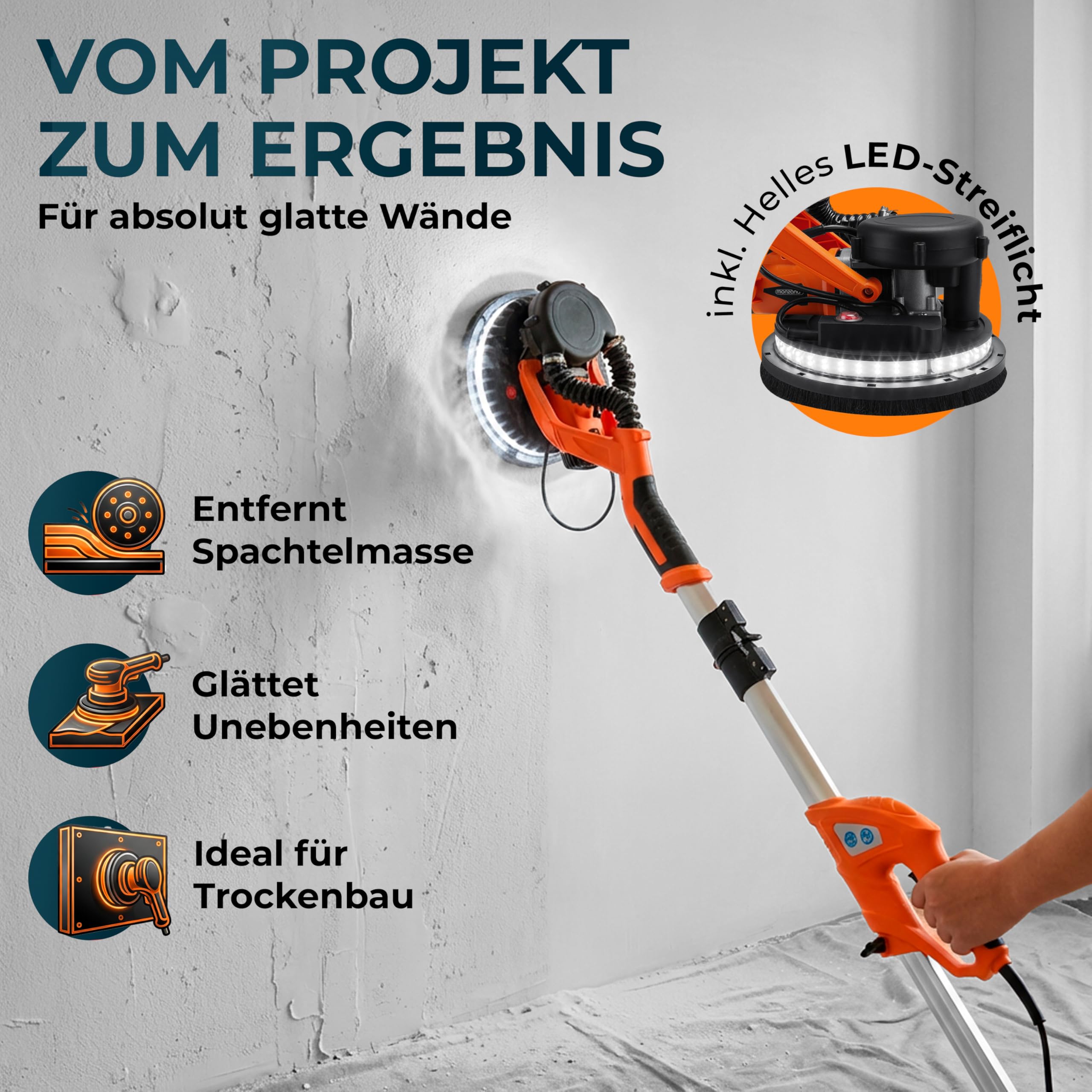 MONZANA® Trockenbauschleifer 750 Watt max Drehzahl 1750 U/min 12x Ø 225mm Schleifscheiben inkl Absaugbeutel LED-Licht Deckenschleifer Schleifmaschine