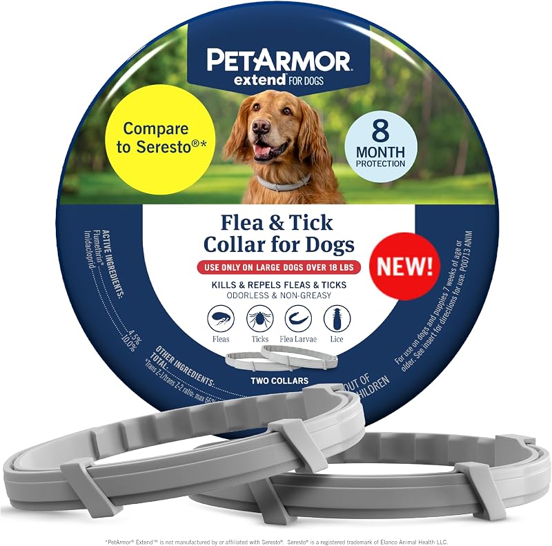 Amplíe el tratamiento y la prevención de pulgas y garrapatas para perros grandes, collar para perros grandes de más de 18 libras, 8 meses de protección, inodoro y no graso, impermeable, mata pulgas, garrapatas y larvas, 2 unidades