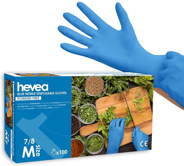 Hevea - Disposable nitrile gloves. Powder and latex free. 1 box of 100 gloves. Size: M (medium) Colour: blue