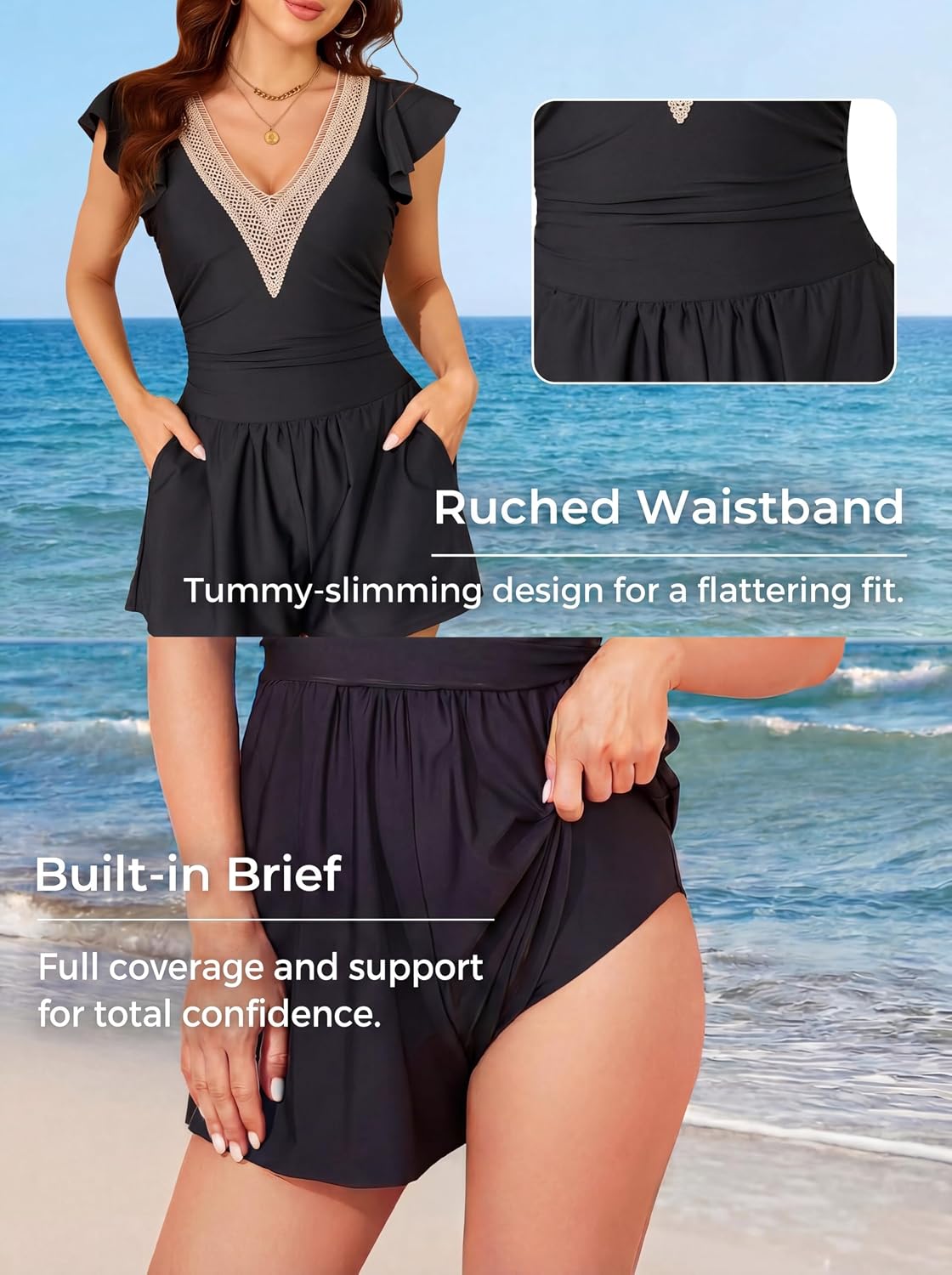 Smismivo Swim Romper Tummy Control Swismuit with Shorts Modest Boyleg Bathing Suit Ruffle Swim Suit Lace V Neck Swimwear