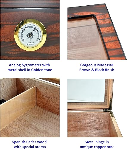 Miniatura 6 de Caja de almacenamiento para humidores de cigarros de 25-50 puros, pantalla superior de vidrio templado, caja de cigarros de madera de cedro español