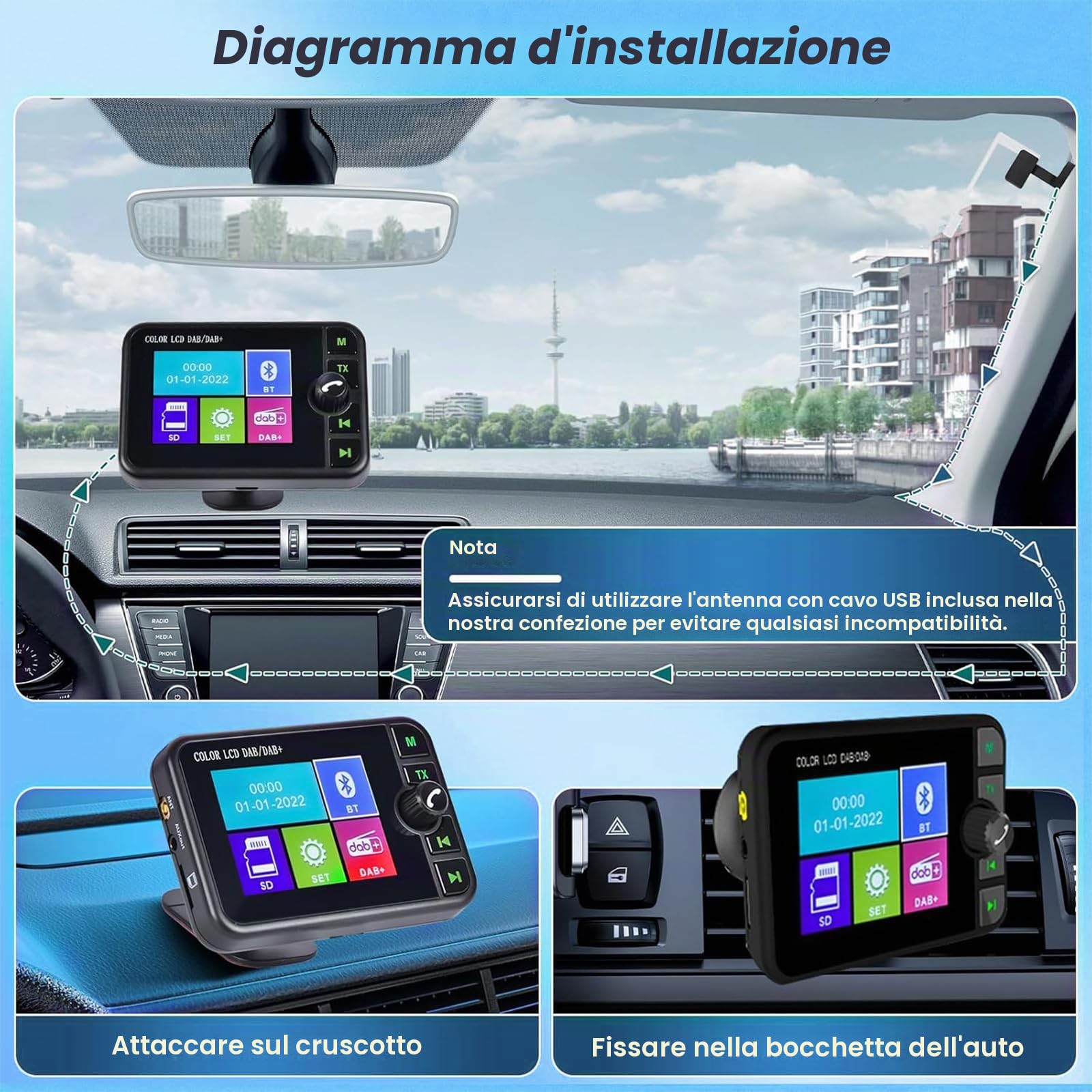 DAB Adattatore per Autoradio 2.4'' LCD Portatile DAB + Autoradio Adattatore con FM Trasmettitore Audio/Bluetooth Vivavoce/Bluetooth Musica/AUX In&Out/Supporto TF Card