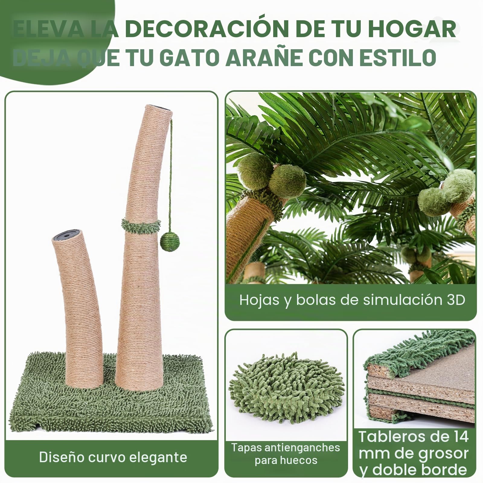 Poste rascador para gatos de palmera, poste rascador para gatos de 36 pulgadas con cuerda de sisal natural, 5 bolas interactivas y 2 postes rascadores de diseño curvado para gatos de interior, adultos