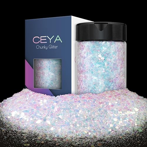 Ceya Brillantina gruesa, 4.9 onzas  4.94oz de polvo de purpurina blanca iridiscente mezclada de resina fina, lentejuelas metálicas para uñas para